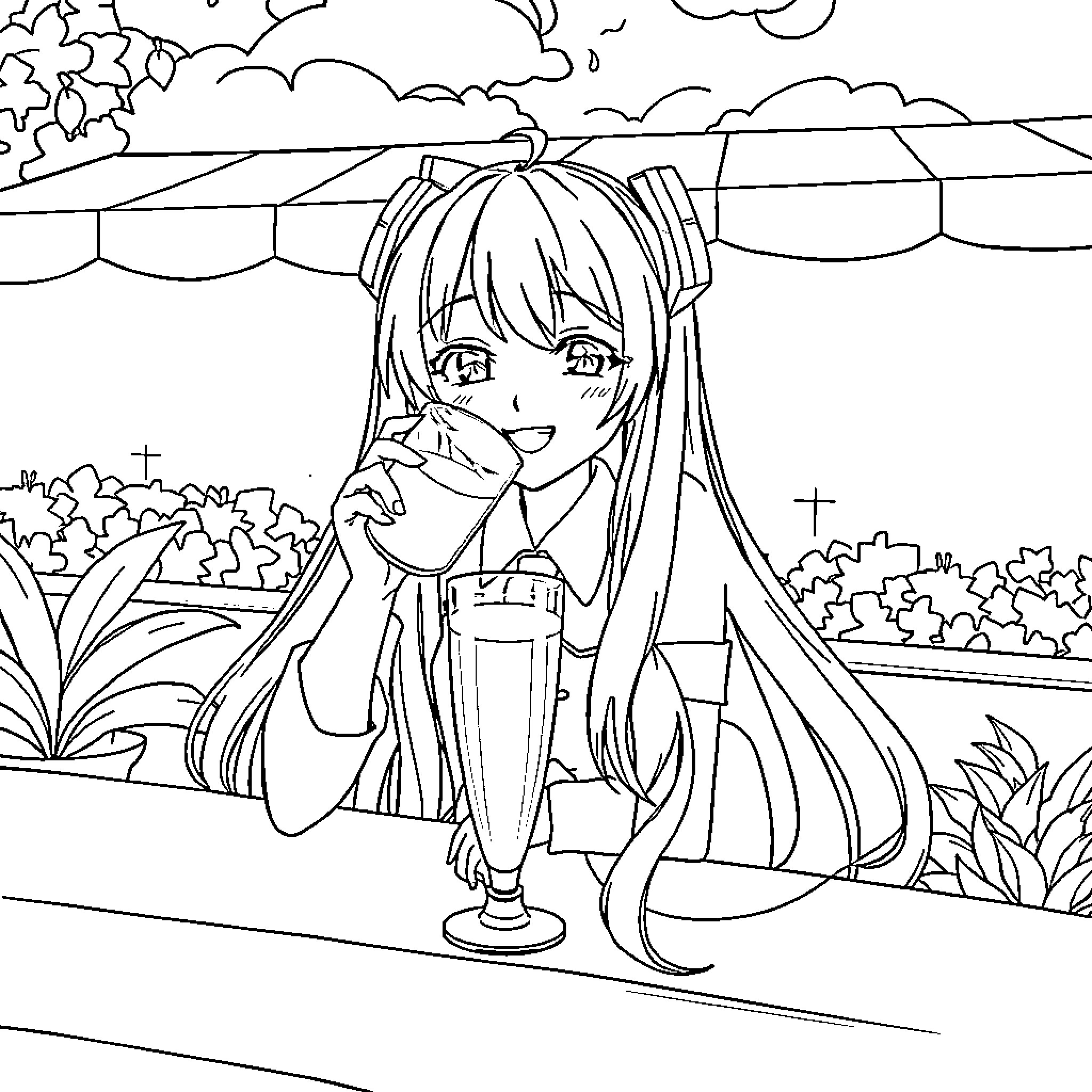 Hatsune Miku enjoying a serene outdoor scene Coloring Page (free black-and-white line drawing printable PDF for all, from beginners to advanced learners, including children, teens, adults, and seniors)