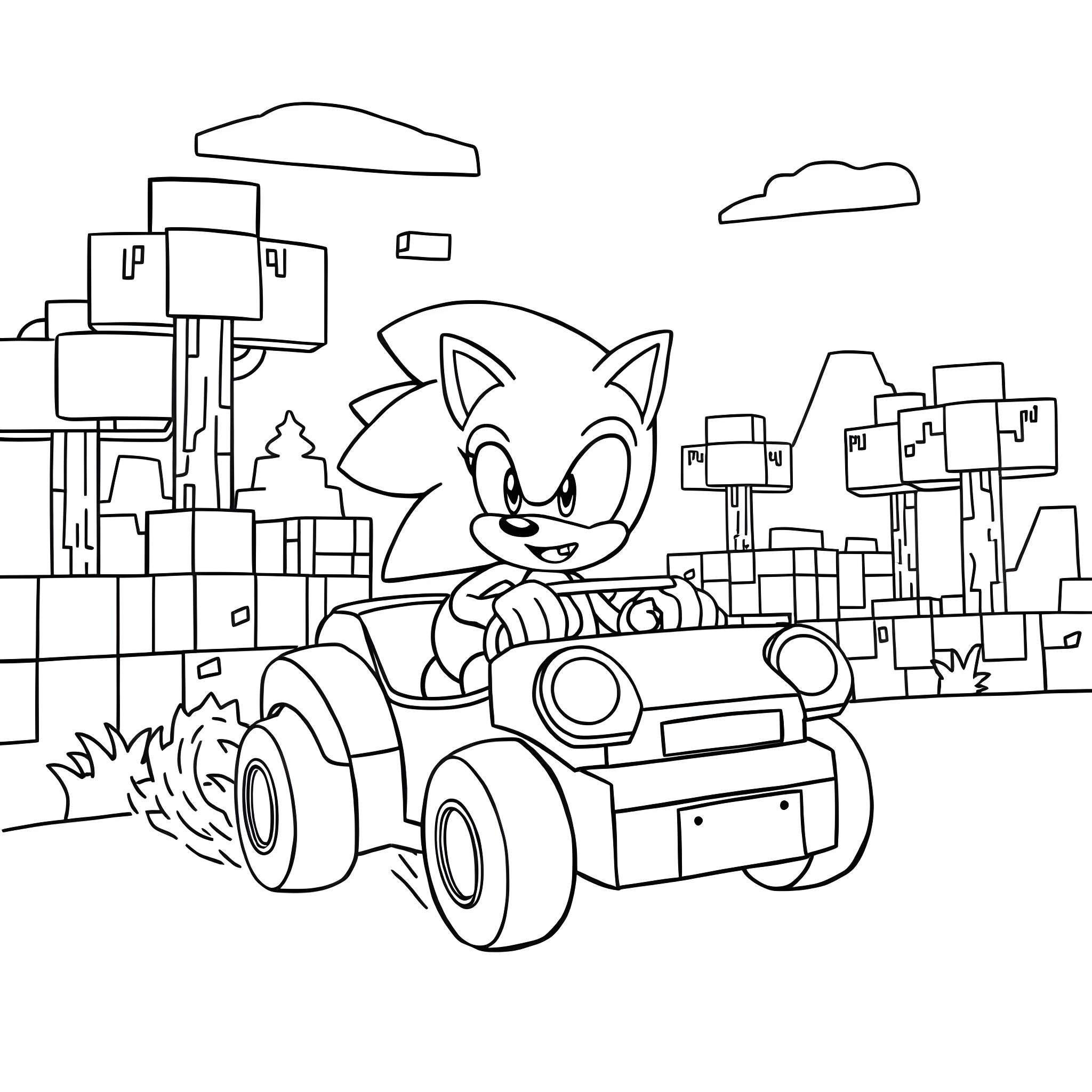 Sonic's Speedy Adventure in the City Coloring Page (free black-and-white line drawing printable PDF for all, from beginners to advanced learners, including children, teens, adults, and seniors)