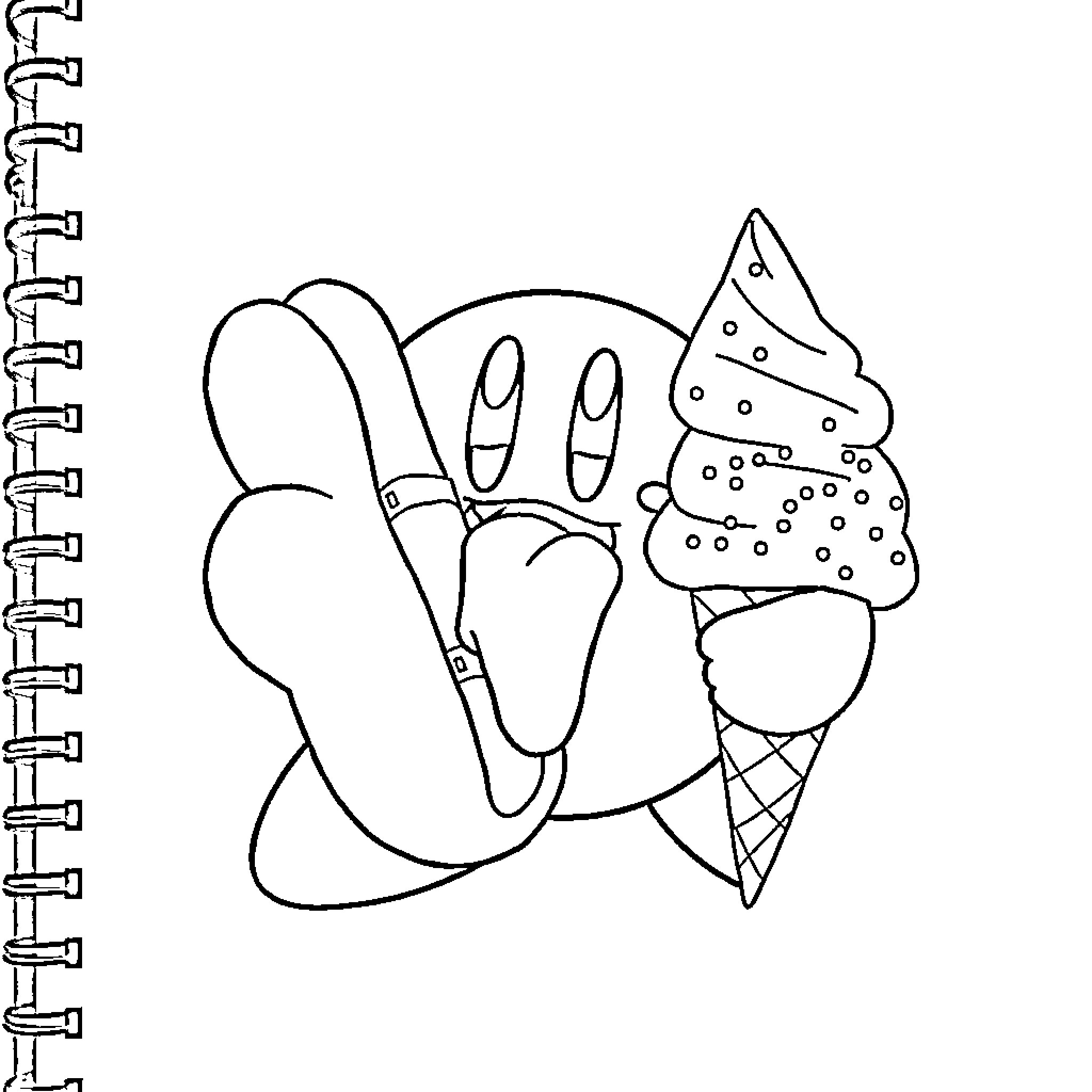 Kirby enjoying ice cream cone and waving Coloring Page (free black-and-white line drawing printable PDF for all, from beginners to advanced learners, including children, teens, adults, and seniors)