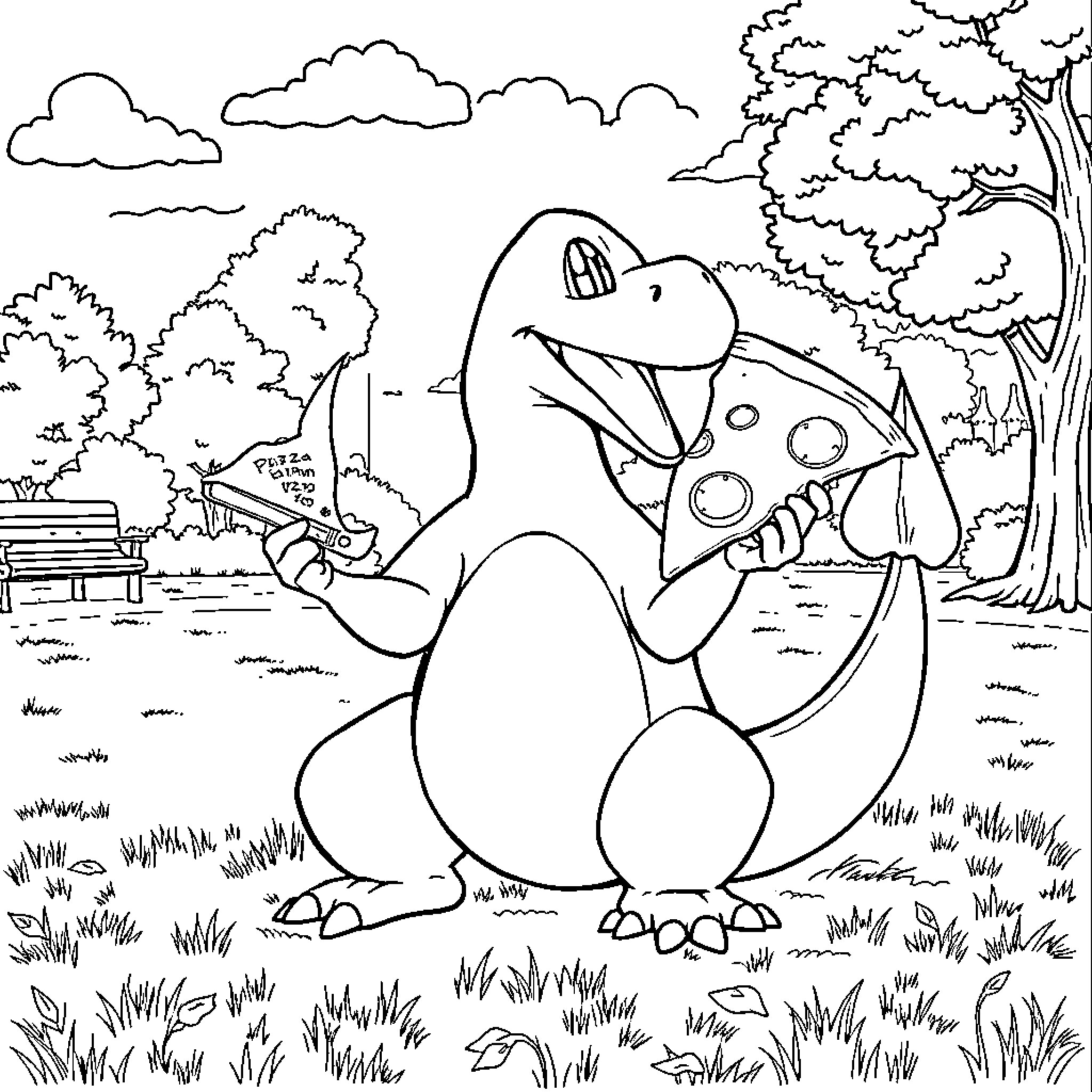 Charizard having a picnic in the park Coloring Page (free black-and-white line drawing printable PDF for all, from beginners to advanced learners, including children, teens, adults, and seniors)