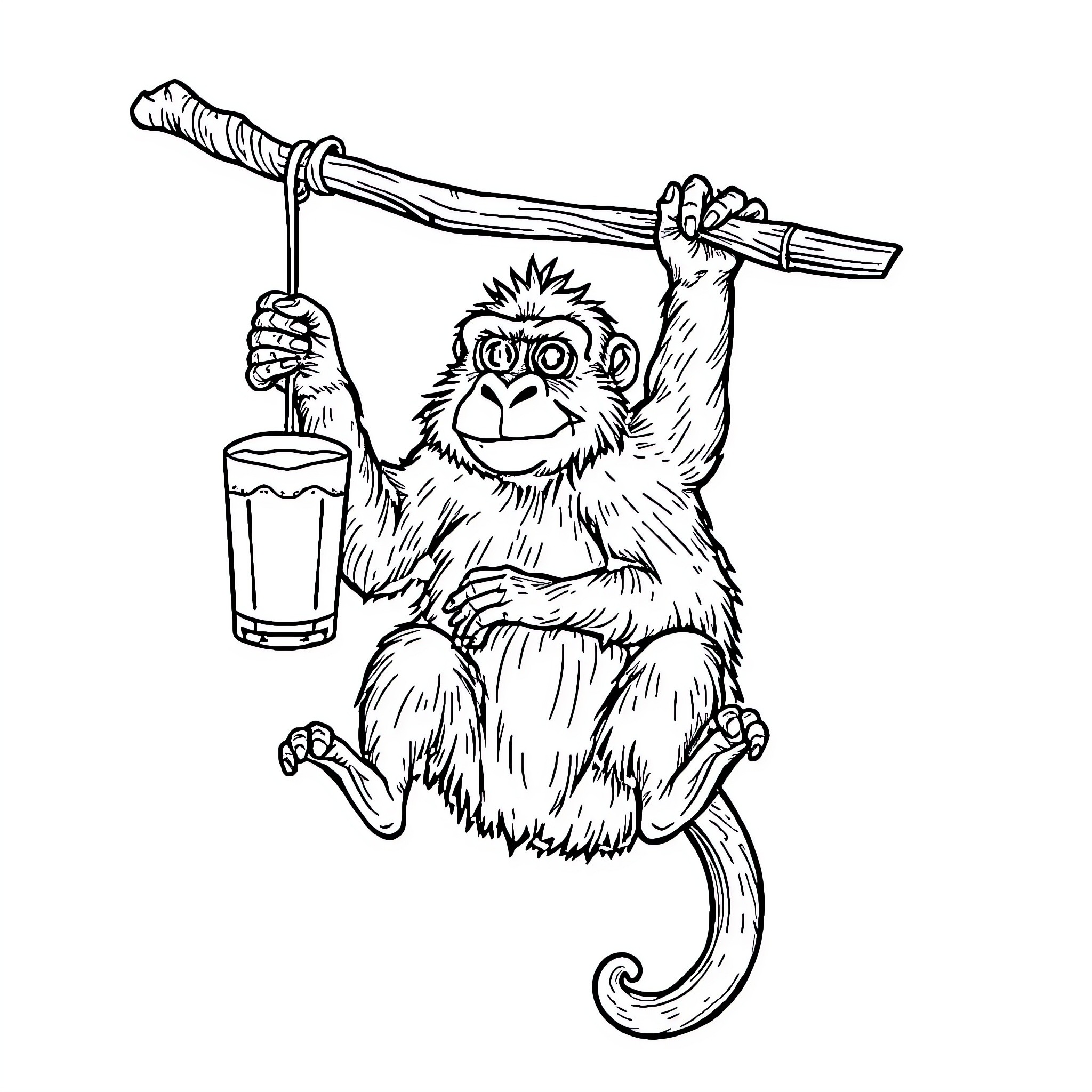 Gorilla swinging with club and holding drink Coloring Page (free black-and-white line drawing printable PDF for all, from beginners to advanced learners, including children, teens, adults, and seniors)