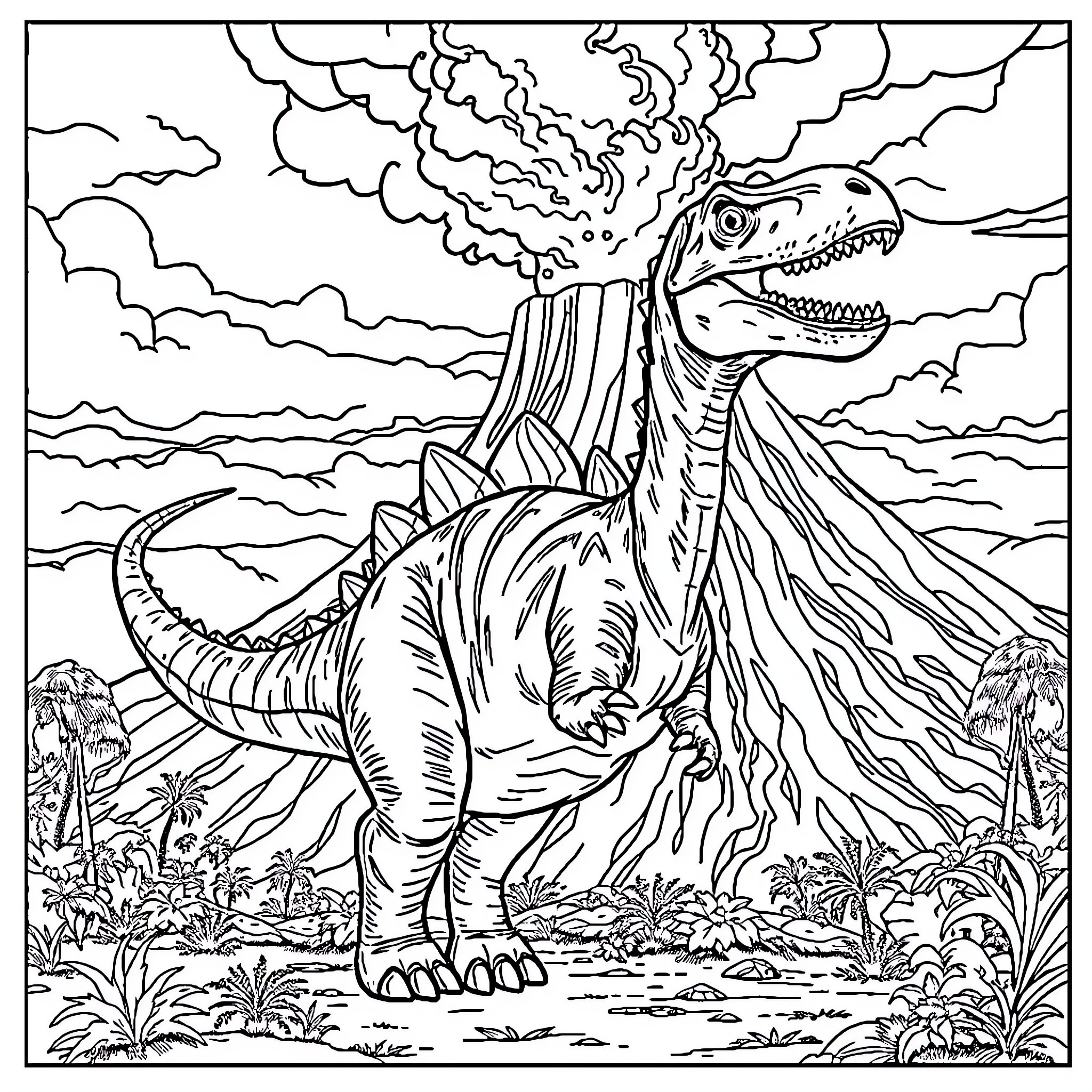 Spinosaurus roaring in a prehistoric landscape Coloring Page (free black-and-white line drawing printable PDF for all, from beginners to advanced learners, including children, teens, adults, and seniors)