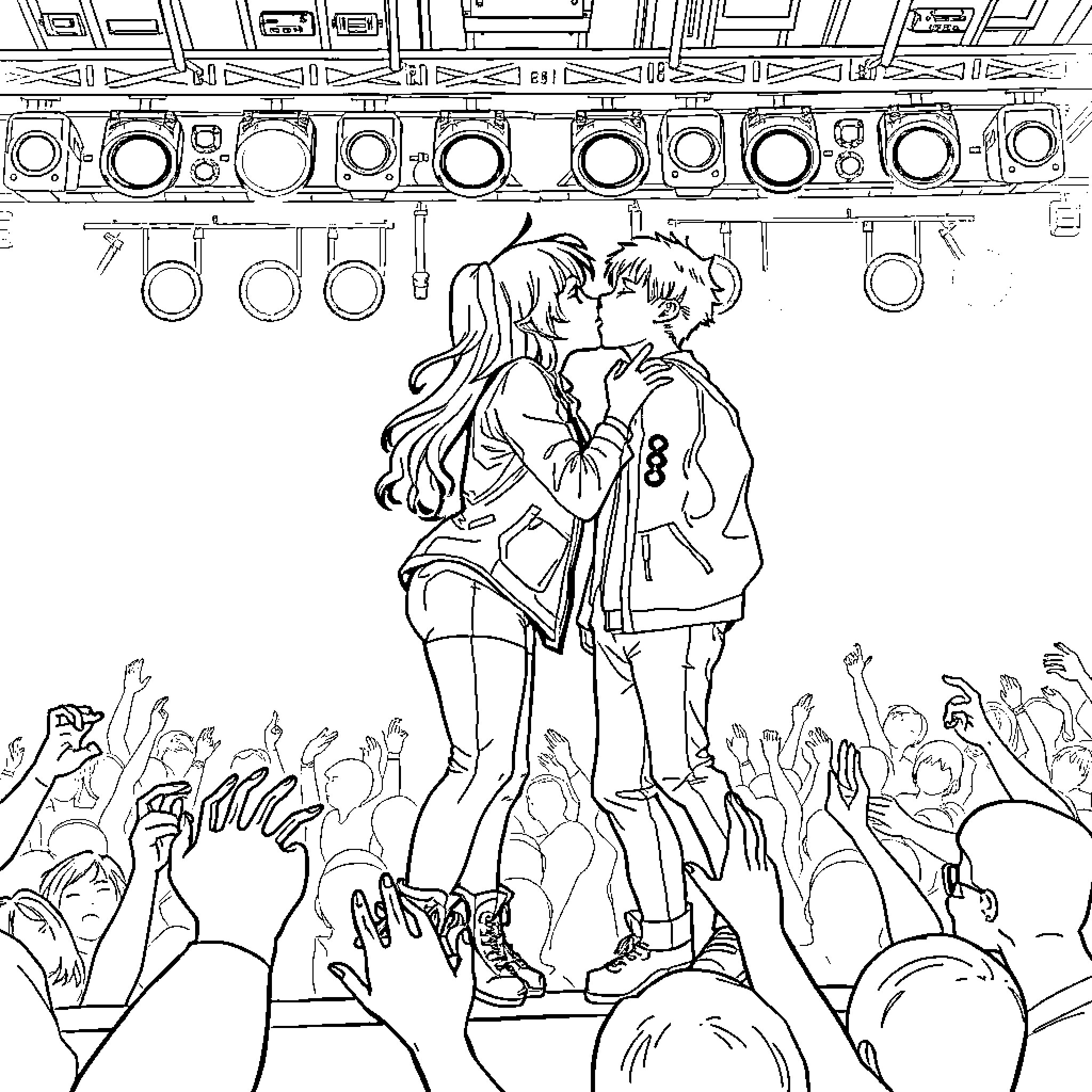 Mira's Kiss on Stage Coloring Page (free black-and-white line drawing printable PDF for all, from beginners to advanced learners, including children, teens, adults, and seniors)