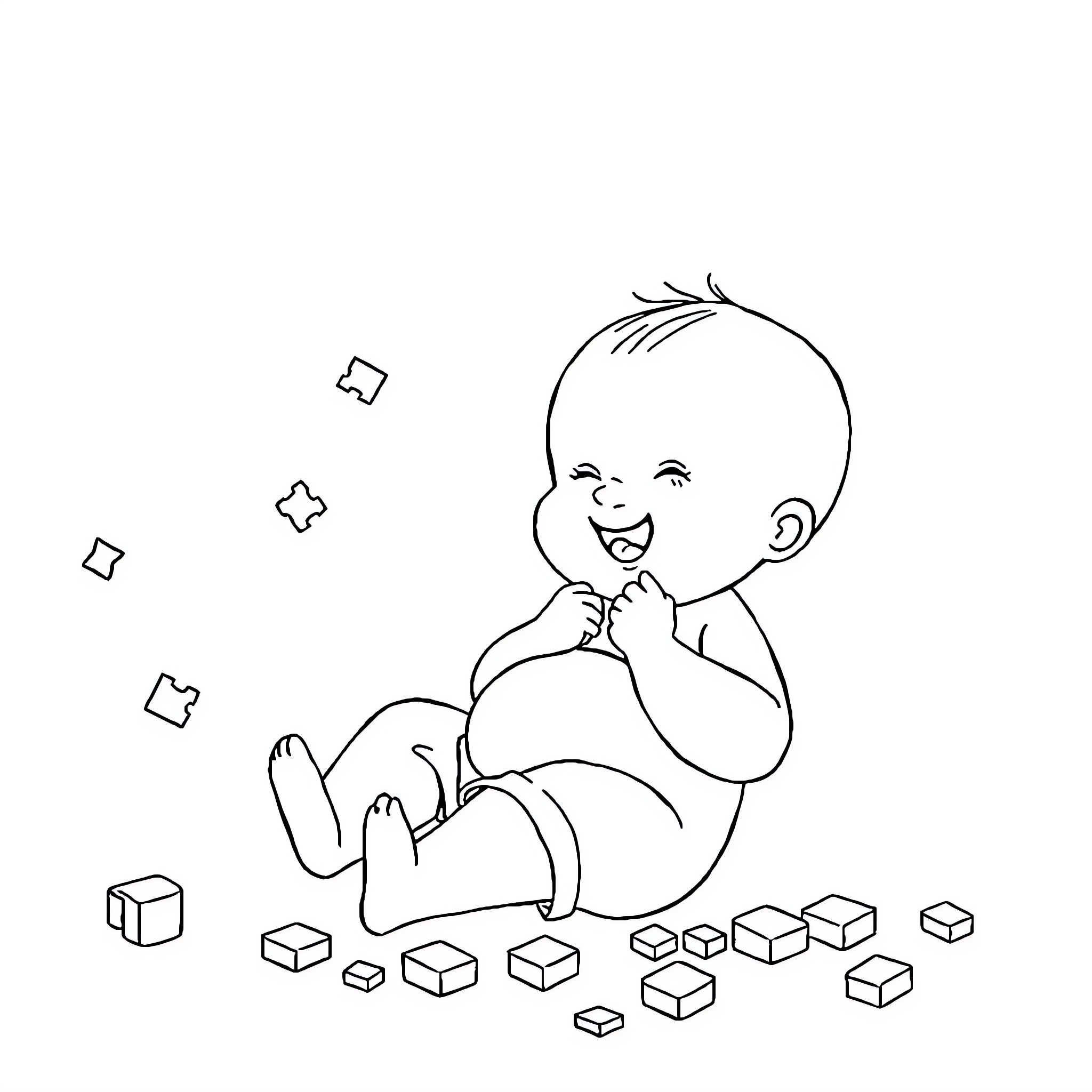 Baby playing happily with toys on the floor Coloring Page (free black-and-white line drawing printable PDF for all, from beginners to advanced learners, including children, teens, adults, and seniors)