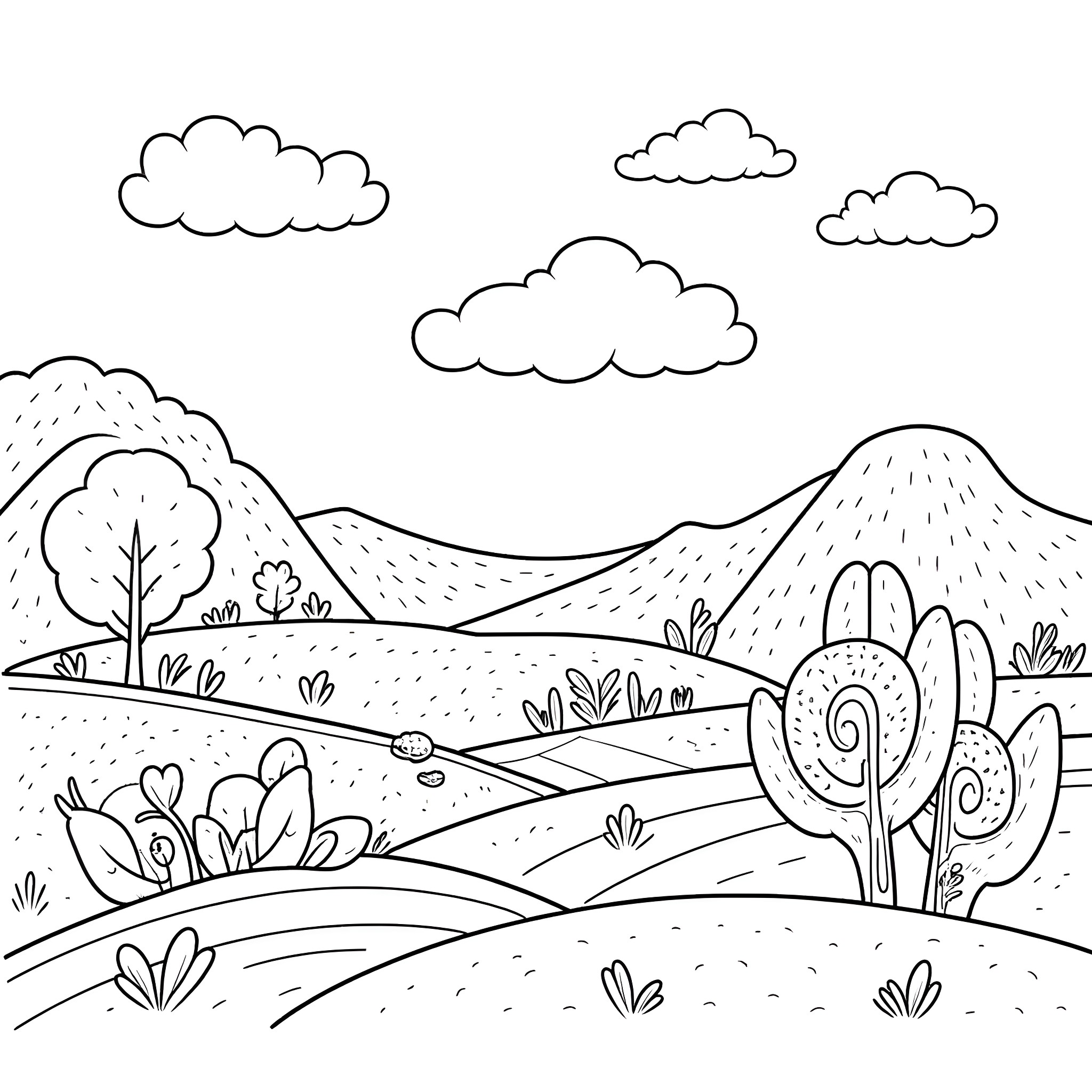 Dandy Landscape with Rolling Hills and Clouds Coloring Page (free black-and-white line drawing printable PDF for all, from beginners to advanced learners, including children, teens, adults, and seniors)