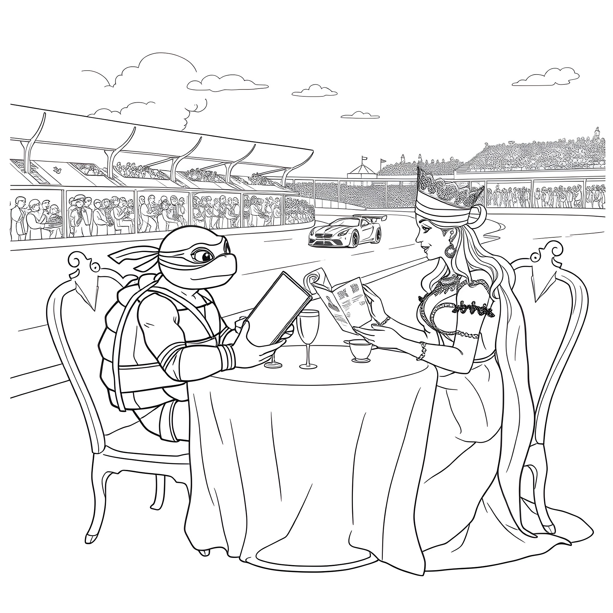 Ninja Turtle enjoying fine dining with elegant lady at racetrack Coloring Page (free black-and-white line drawing printable PDF for all, from beginners to advanced learners, including children, teens, adults, and seniors)