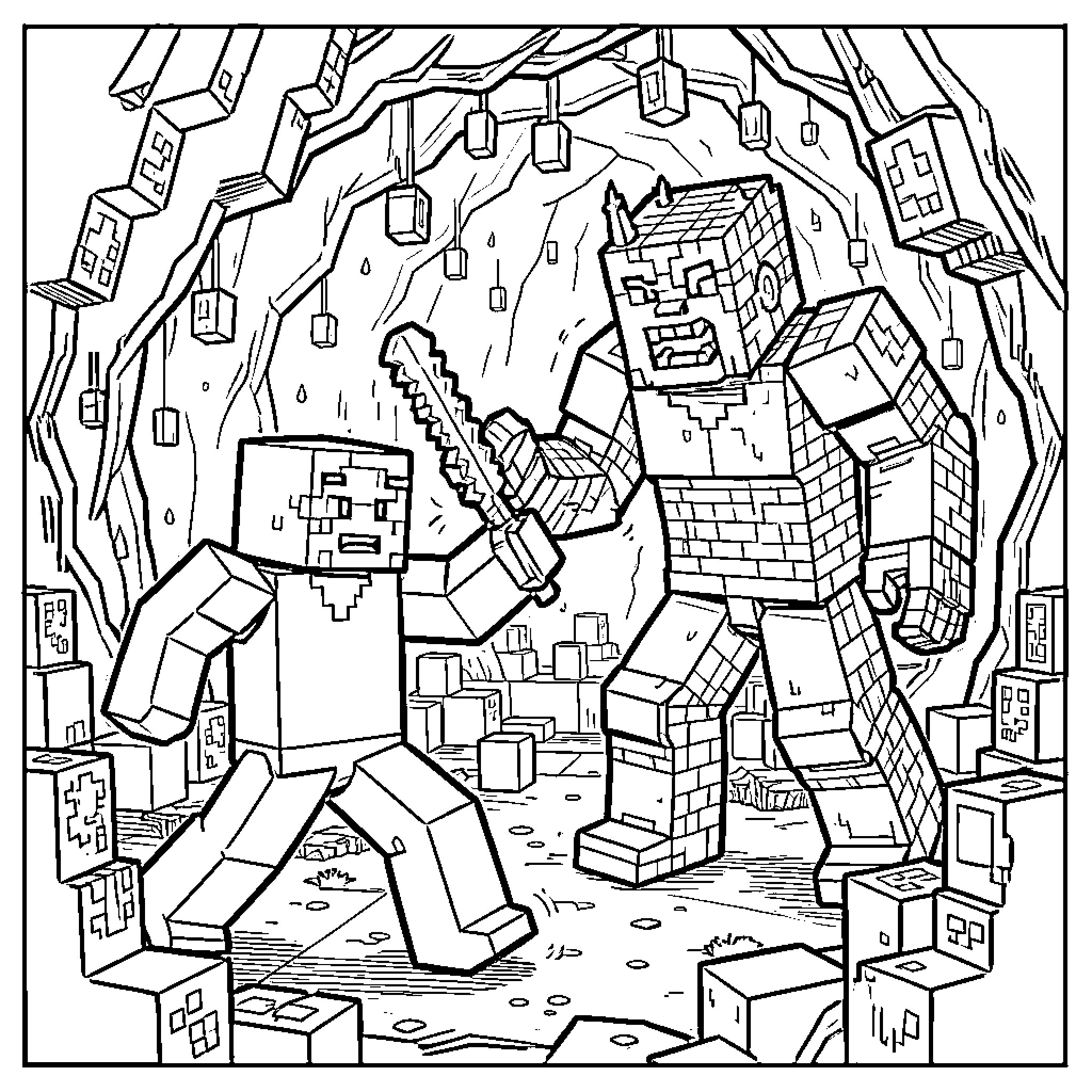 Steve's Minecraft Adventure in the Mysterious Cave Coloring Page (free black-and-white line drawing printable PDF for all, from beginners to advanced learners, including children, teens, adults, and seniors)