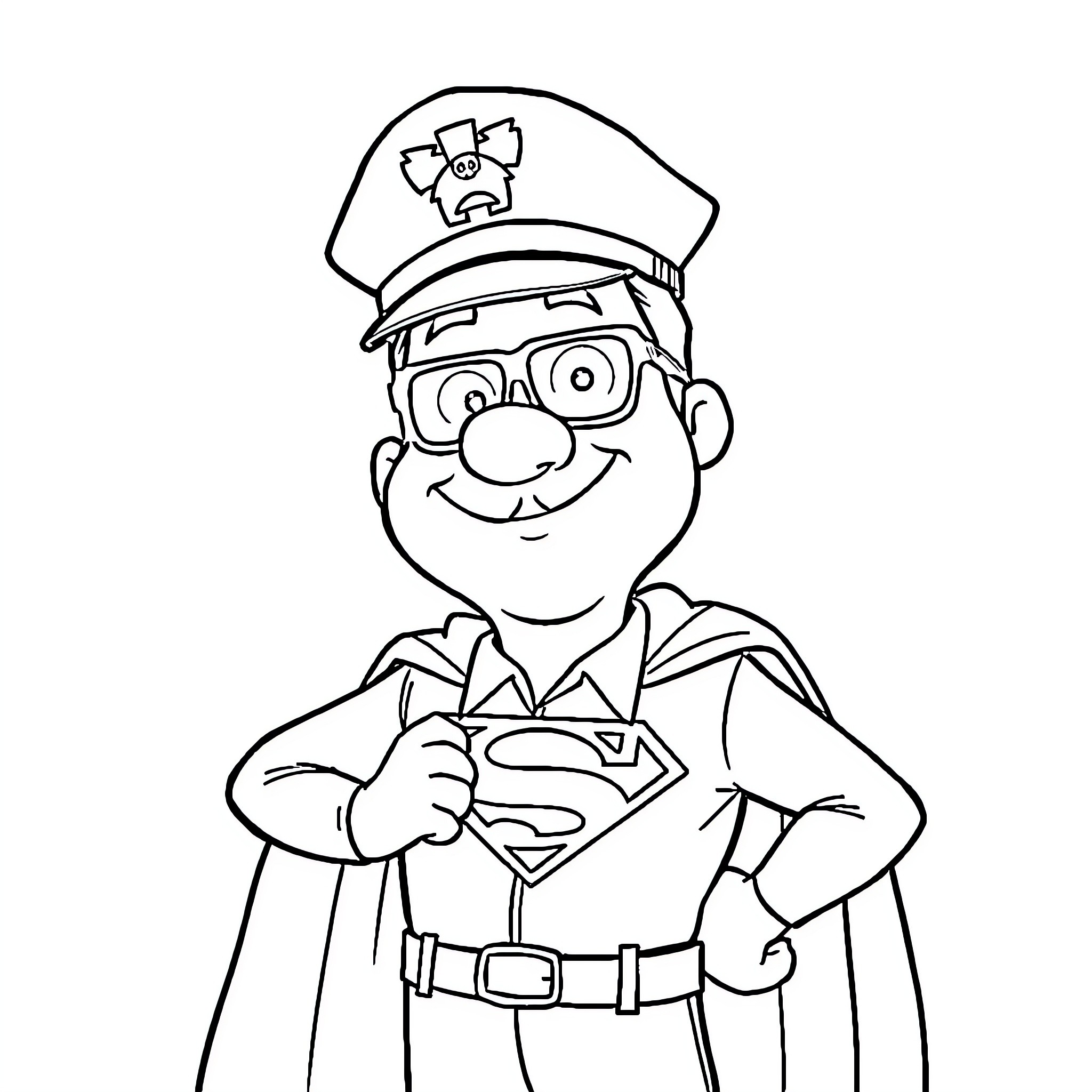 Officer Doofy in a Comical Uniform Coloring Page (free black-and-white line drawing printable PDF for all, from beginners to advanced learners, including children, teens, adults, and seniors)