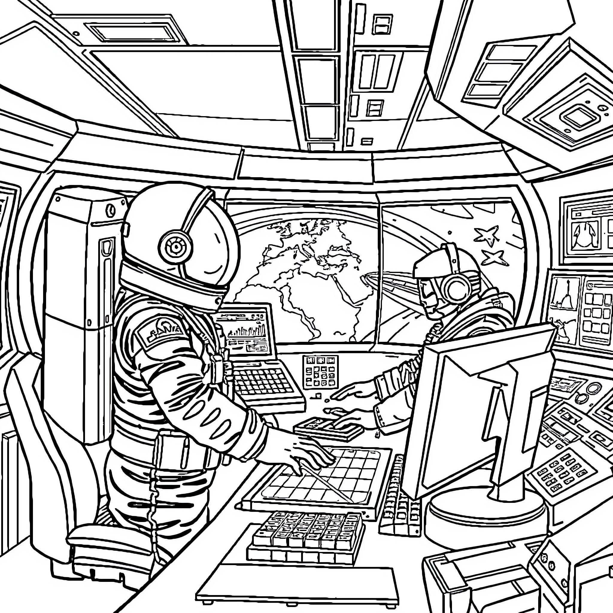 Astronaut working diligently in the spacecraft control room Coloring Page (free black-and-white line drawing printable PDF for all, from beginners to advanced learners, including children, teens, adults, and seniors)