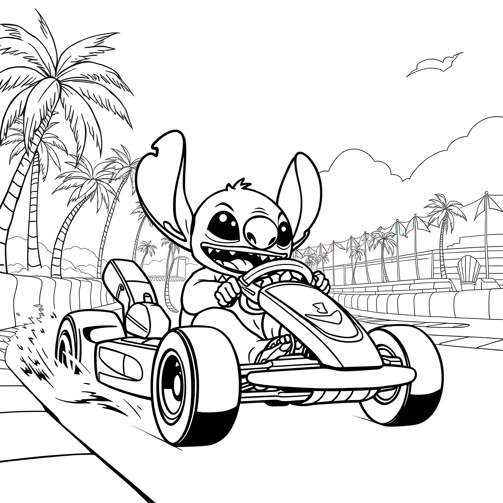 Stitch racing through a tropical paradise Coloring Page (free black-and-white line drawing printable PDF for all, from beginners to advanced learners, including children, teens, adults, and seniors)