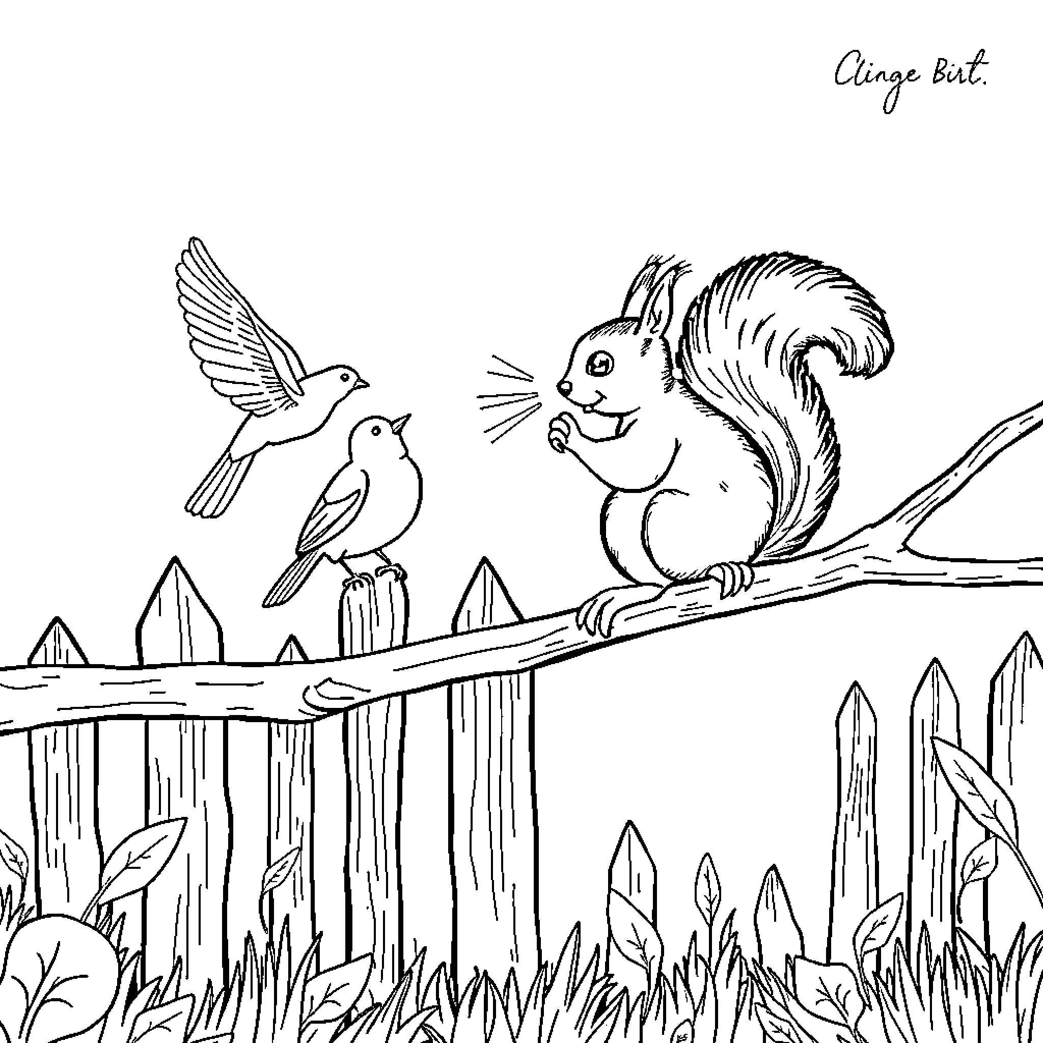Squirrel enjoying the outdoors with birds Coloring Page (free black-and-white line drawing printable PDF for all, from beginners to advanced learners, including children, teens, adults, and seniors)