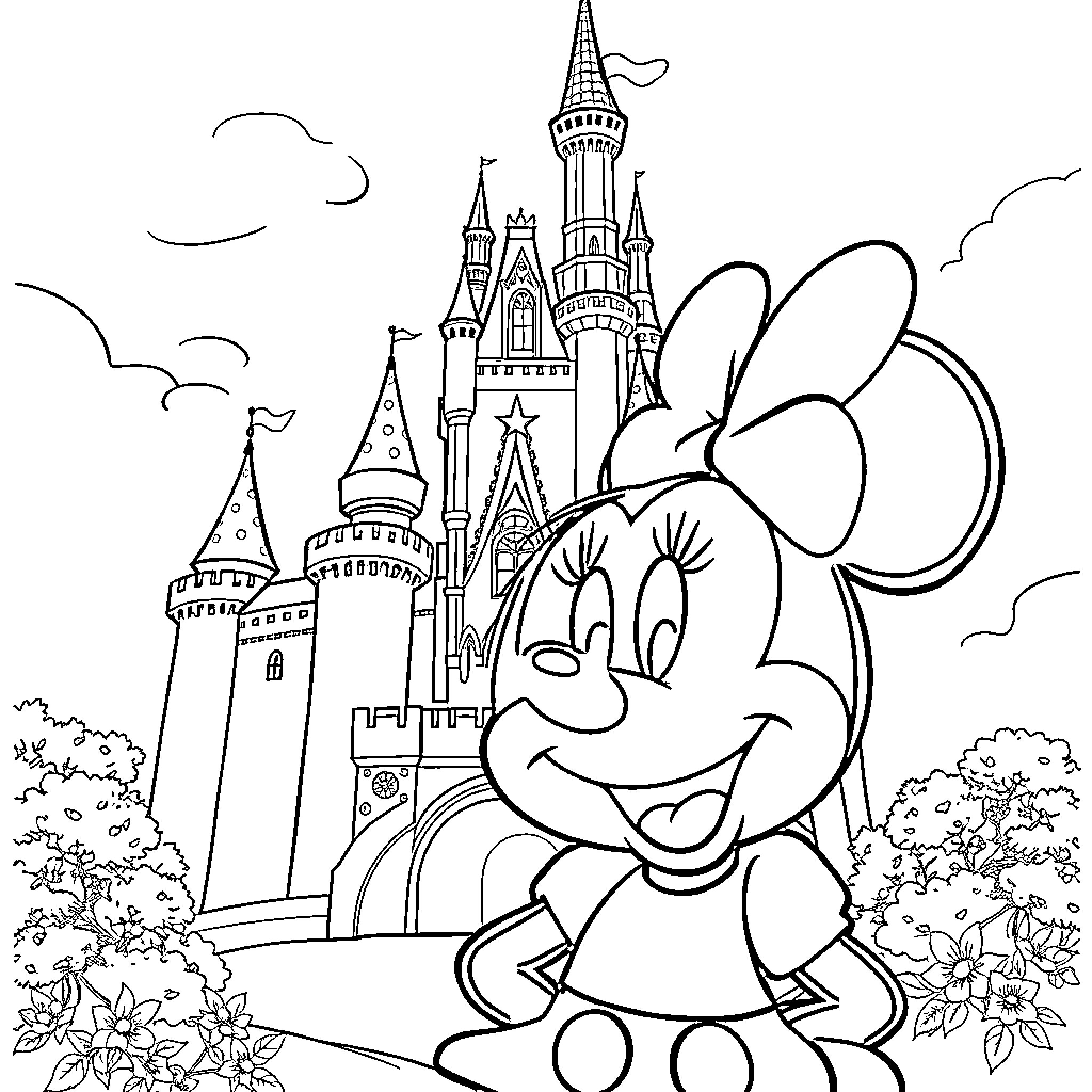 Minnie explores the enchanted castle gardens Coloring Page (free black-and-white line drawing printable PDF for all, from beginners to advanced learners, including children, teens, adults, and seniors)