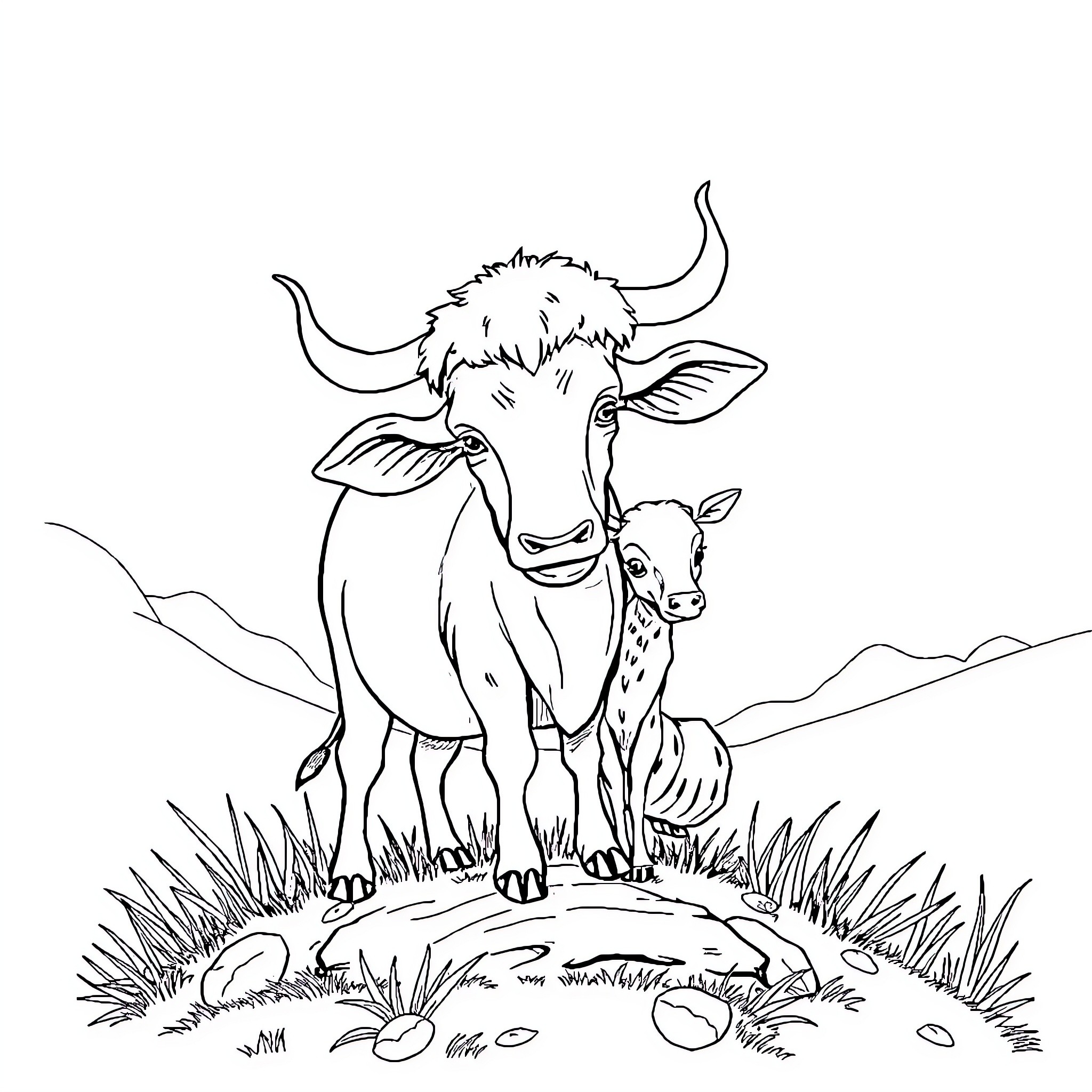 Cow and Goat standing together in nature Coloring Page (free black-and-white line drawing printable PDF for all, from beginners to advanced learners, including children, teens, adults, and seniors)