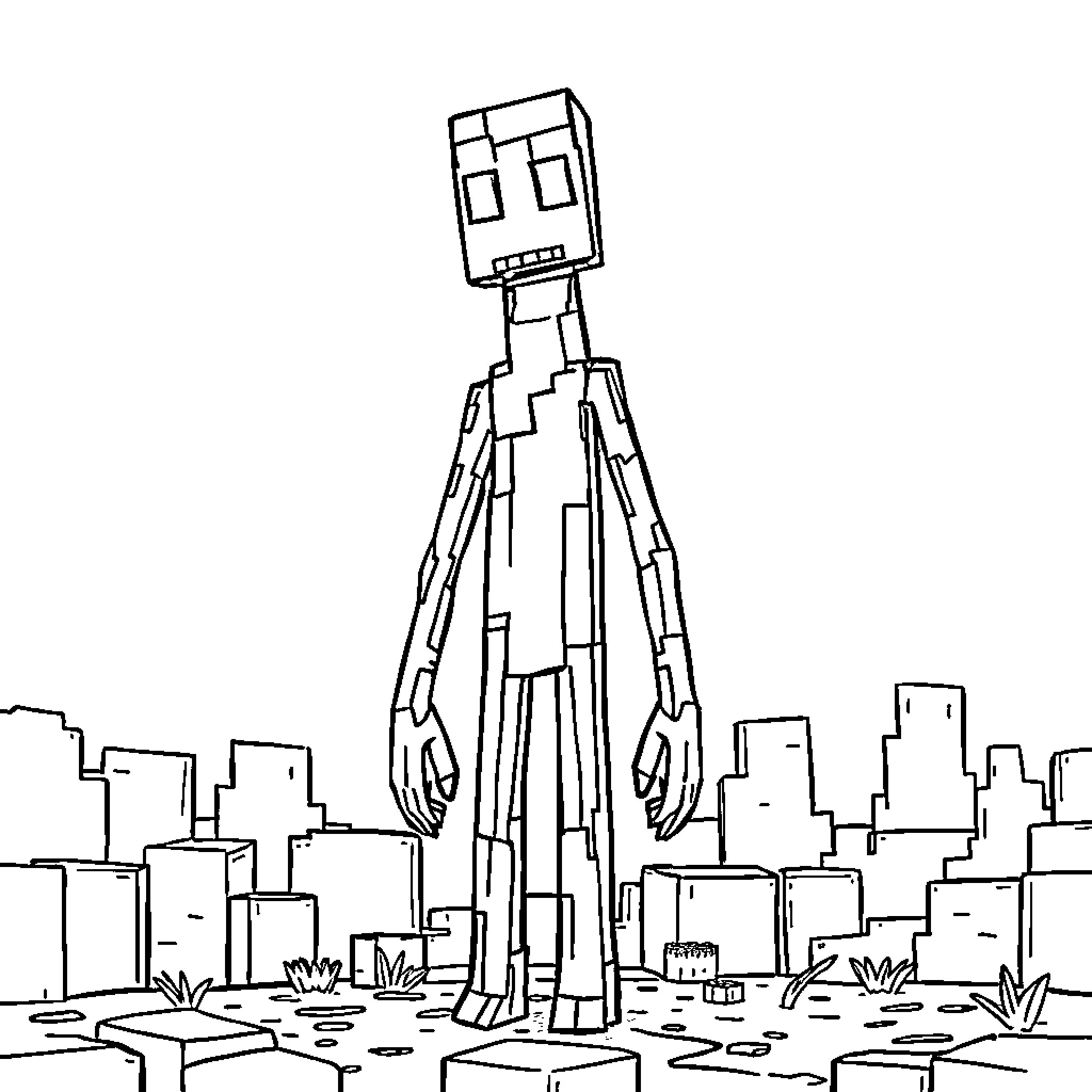 Enderman exploring a strange city landscape Coloring Page (free black-and-white line drawing printable PDF for all, from beginners to advanced learners, including children, teens, adults, and seniors)