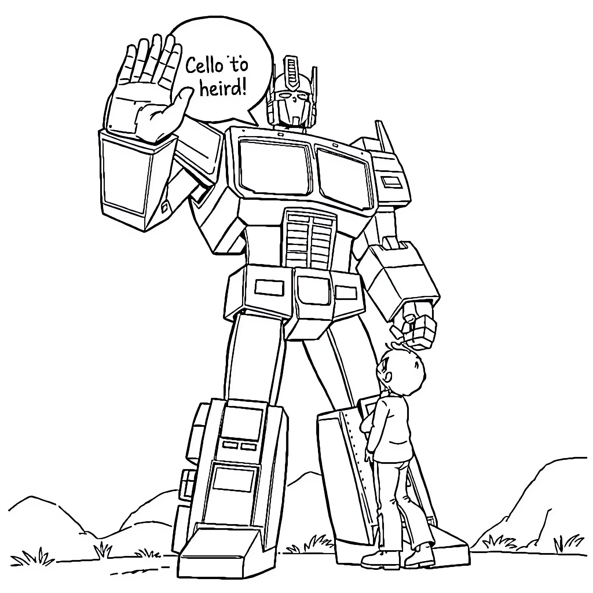 Optimus Prime waving and calling for help Coloring Page (free black-and-white line drawing printable PDF for all, from beginners to advanced learners, including children, teens, adults, and seniors)