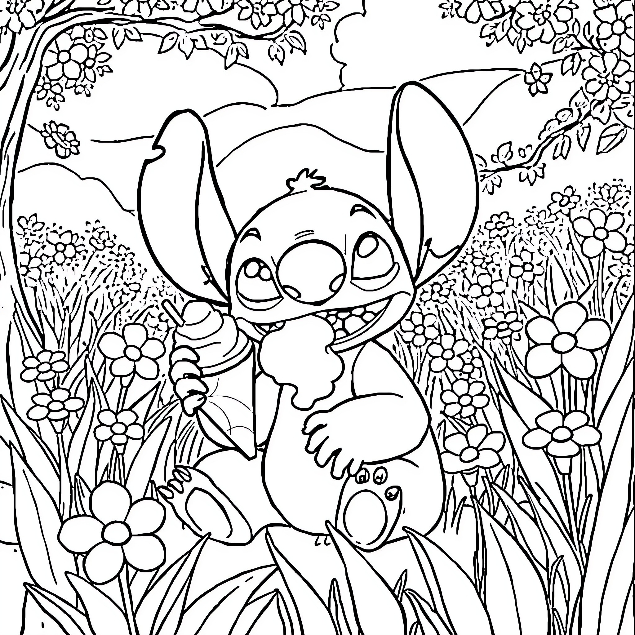 Stitch exploring the floral garden Coloring Page (free black-and-white line drawing printable PDF for all, from beginners to advanced learners, including children, teens, adults, and seniors)
