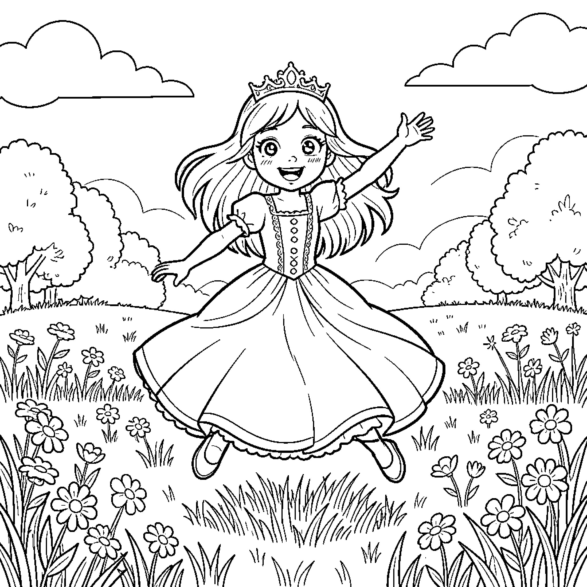 Princess dancing joyfully in a flower meadow Coloring Page (free black-and-white line drawing printable PDF for all, from beginners to advanced learners, including children, teens, adults, and seniors)