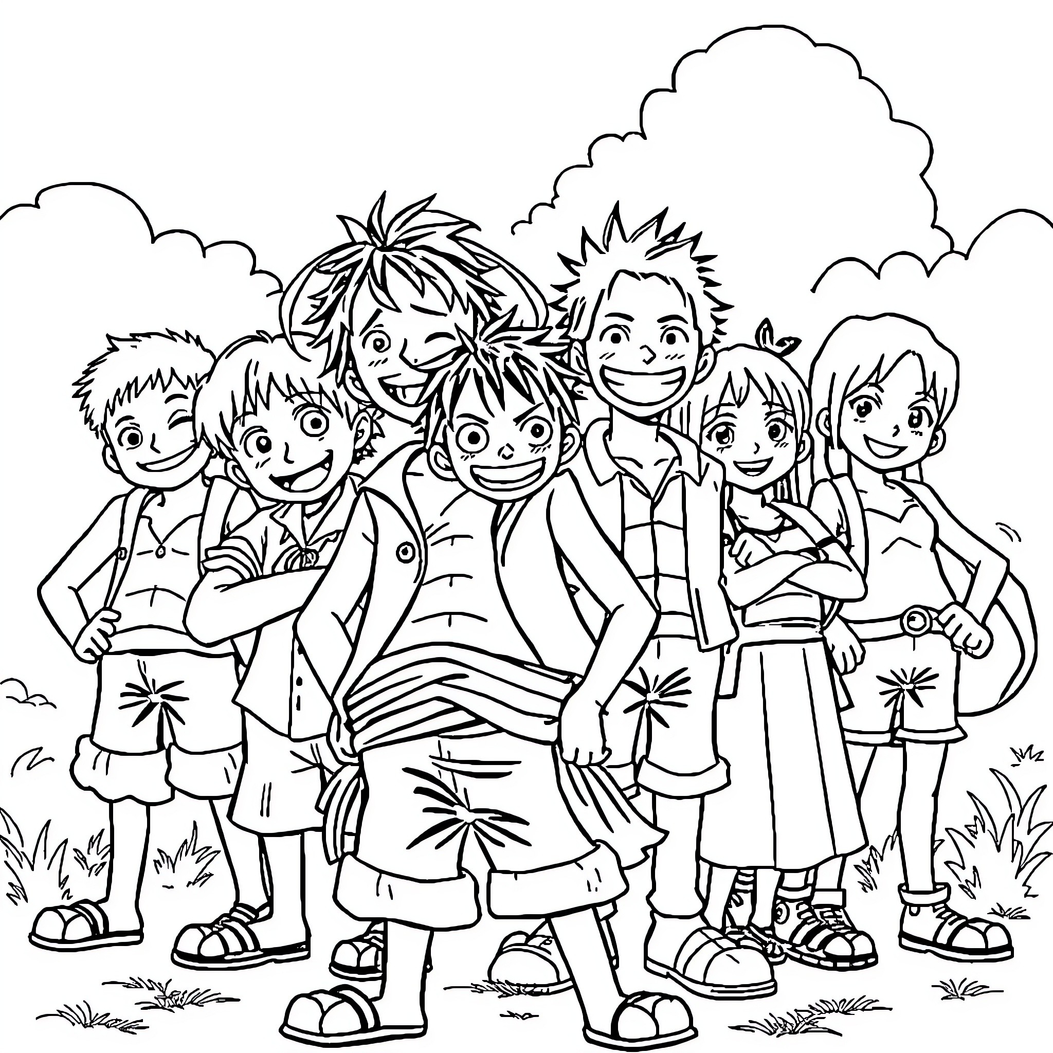 Luffy and his lively crew in an outdoor adventure Coloring Page (free black-and-white line drawing printable PDF for all, from beginners to advanced learners, including children, teens, adults, and seniors)