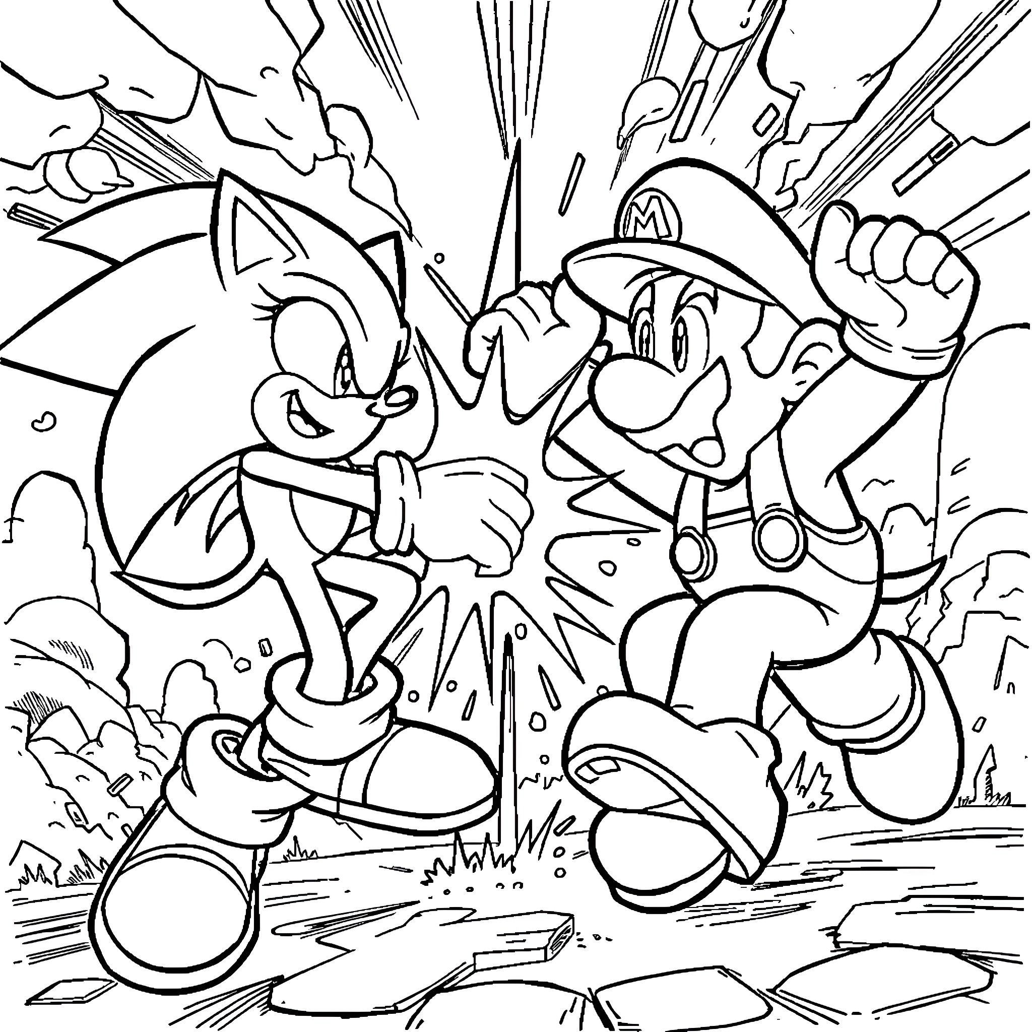 Sonic and Mario Engaging in Action-Packed Adventure Coloring Page (free black-and-white line drawing printable PDF for all, from beginners to advanced learners, including children, teens, adults, and seniors)