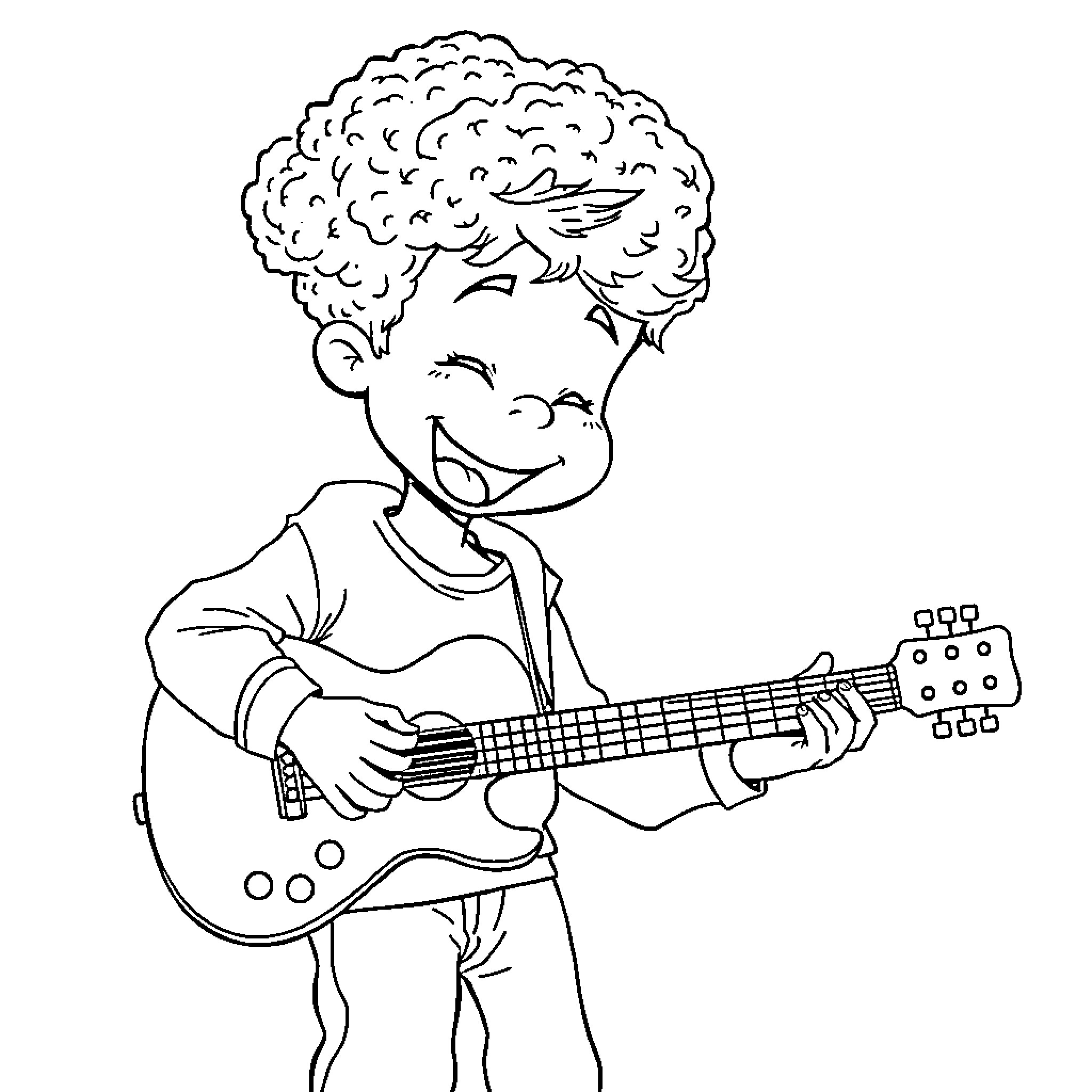 Kid playing guitar with a joyful expression Coloring Page (free black-and-white line drawing printable PDF for all, from beginners to advanced learners, including children, teens, adults, and seniors)
