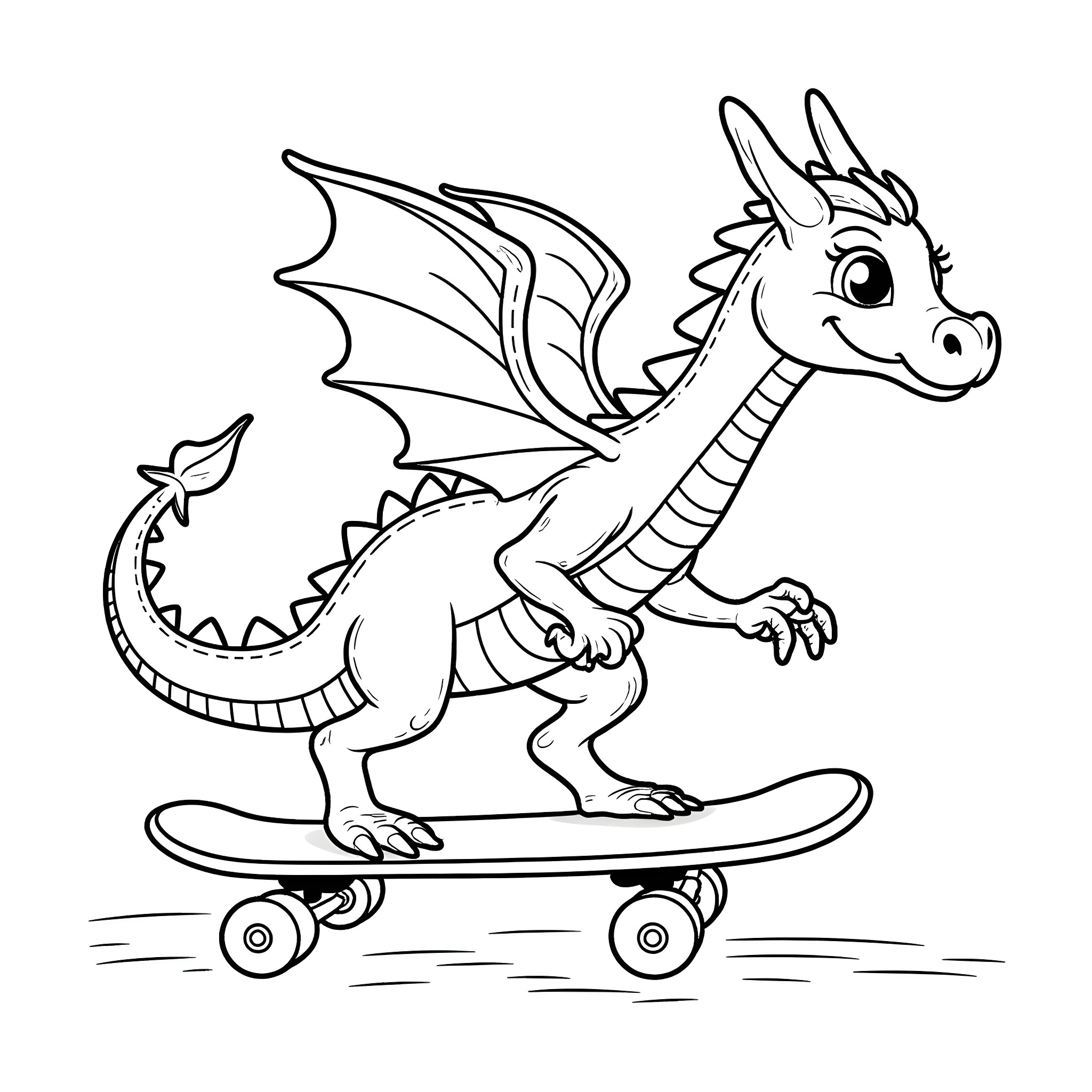 Dragon Riding a Skateboard Happily Coloring Page (free black-and-white line drawing printable PDF for all, from beginners to advanced learners, including children, teens, adults, and seniors)