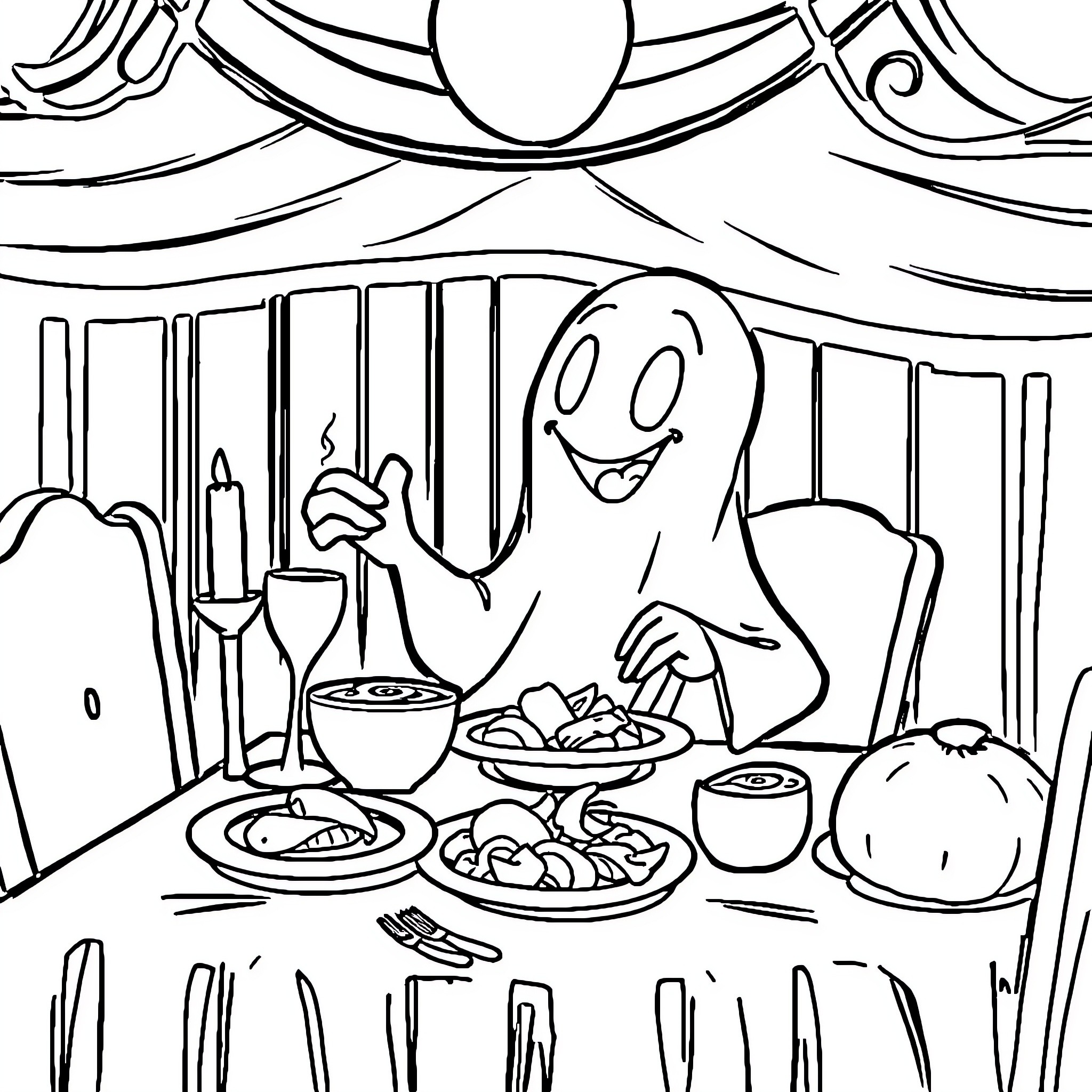 Ghost enjoying a festive meal in a dining room Coloring Page (free black-and-white line drawing printable PDF for all, from beginners to advanced learners, including children, teens, adults, and seniors)