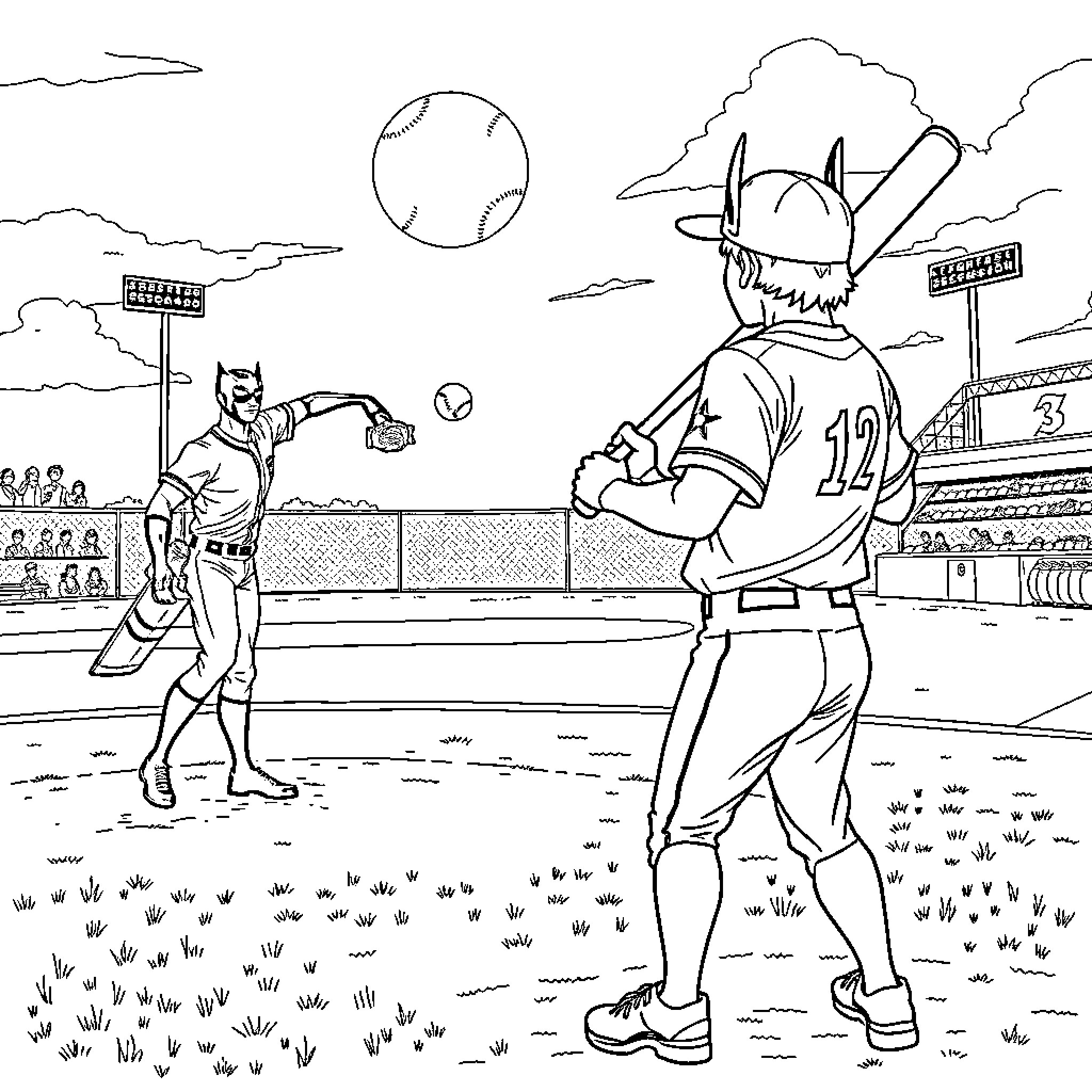 Nightwing playing baseball in a stadium Coloring Page (free black-and-white line drawing printable PDF for all, from beginners to advanced learners, including children, teens, adults, and seniors)