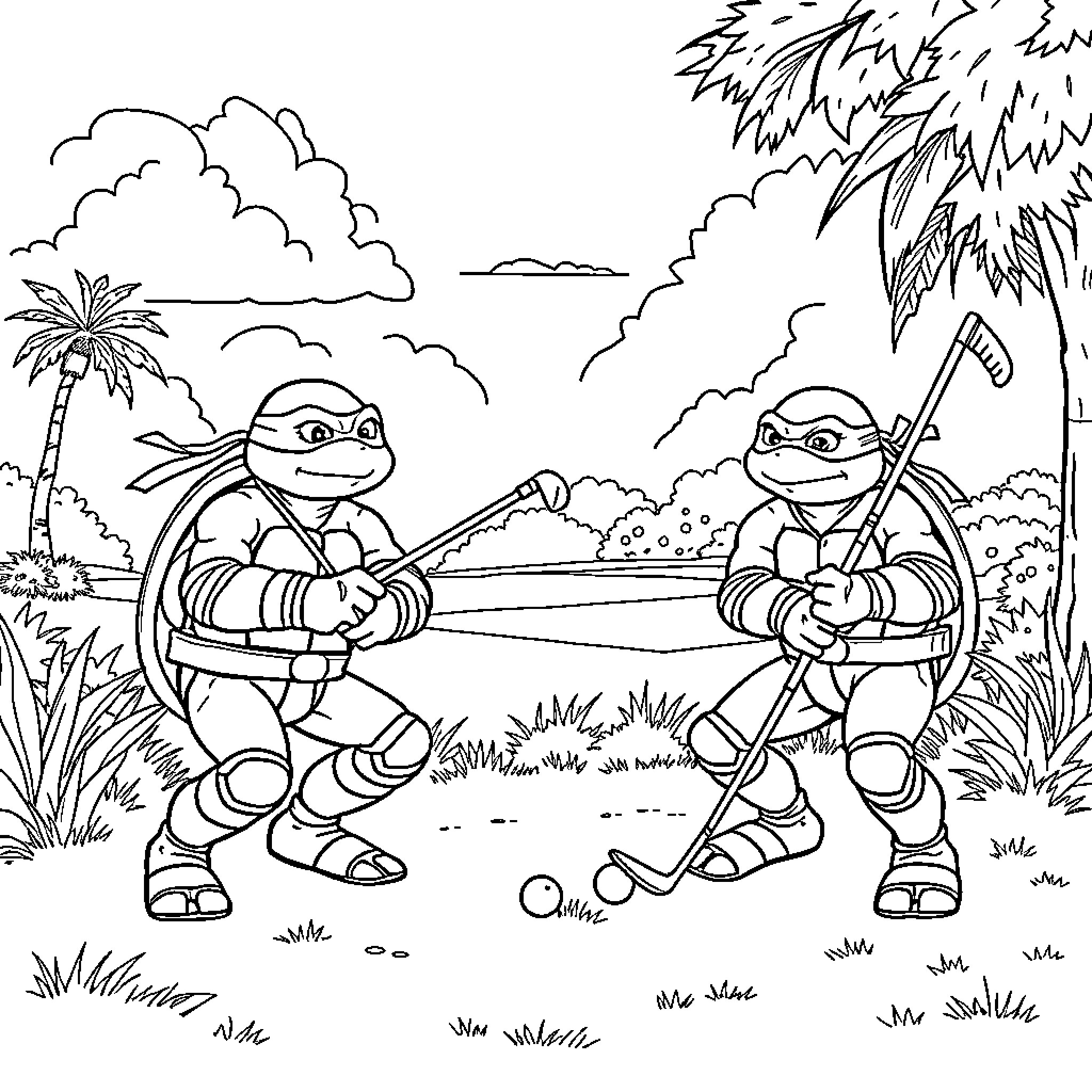 Ninja Turtles sparring in tropical wilderness Coloring Page (free black-and-white line drawing printable PDF for all, from beginners to advanced learners, including children, teens, adults, and seniors)