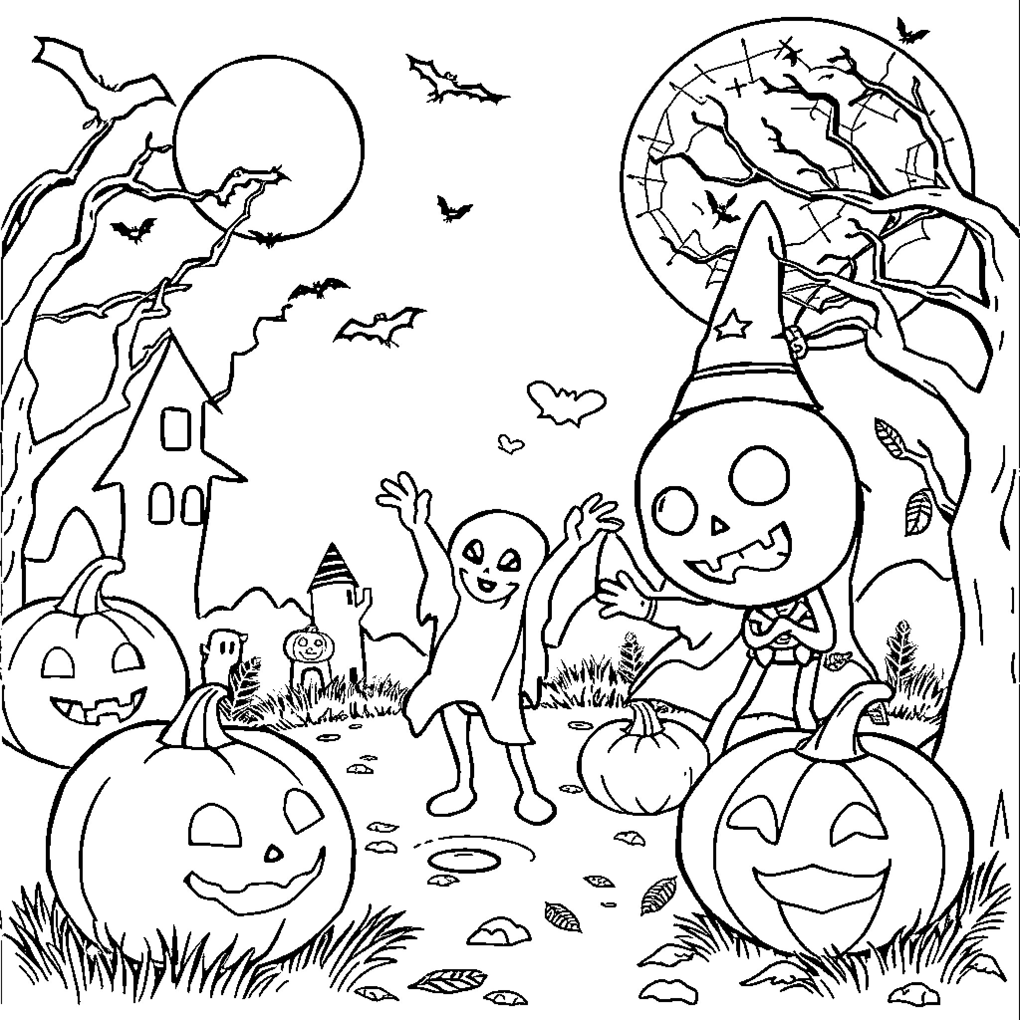 Education about Spooky Halloween Scenes and Characters Coloring Page (free black-and-white line drawing printable PDF for all, from beginners to advanced learners, including children, teens, adults, and seniors)