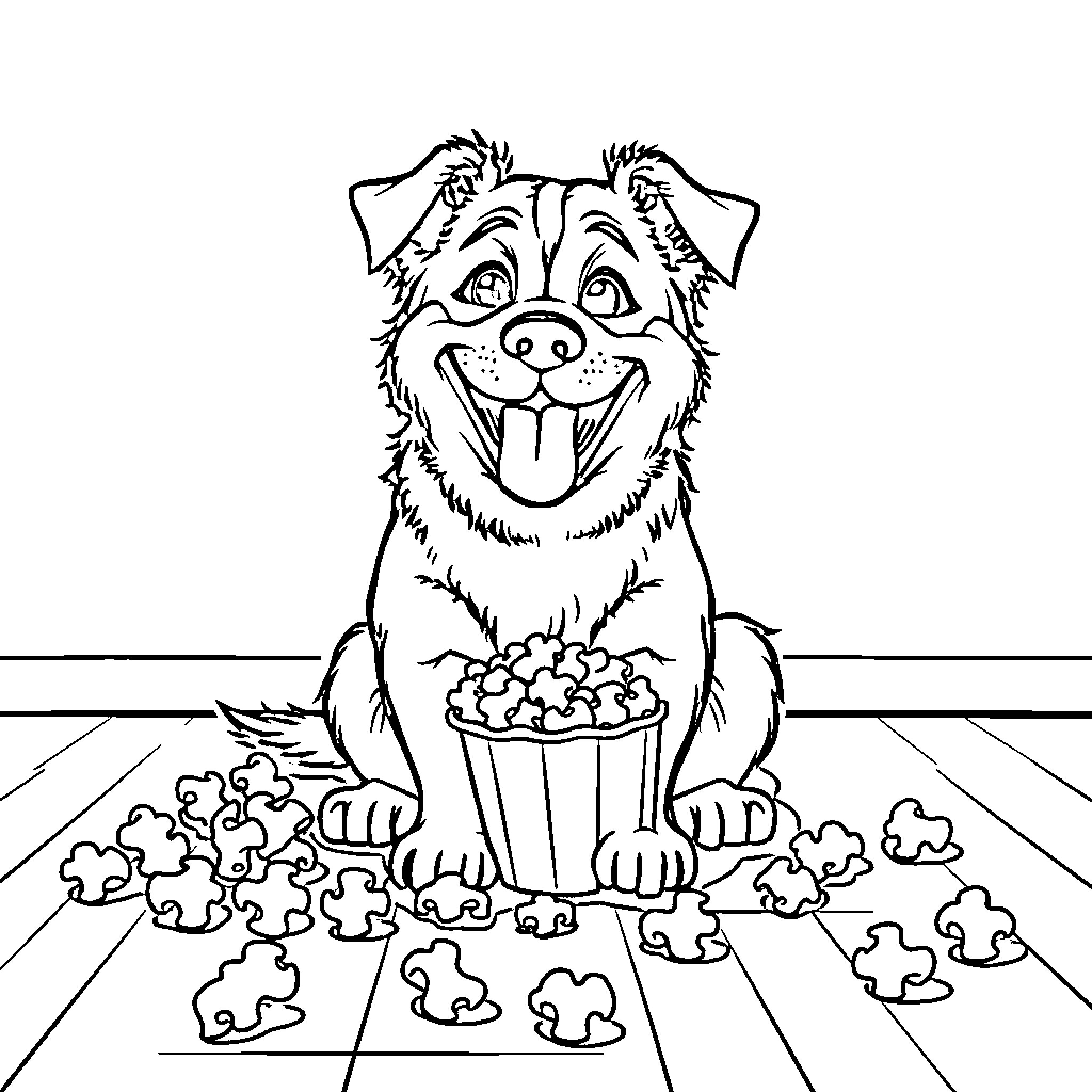 Dog enjoying a snack of treats Coloring Page (free black-and-white line drawing printable PDF for all, from beginners to advanced learners, including children, teens, adults, and seniors)
