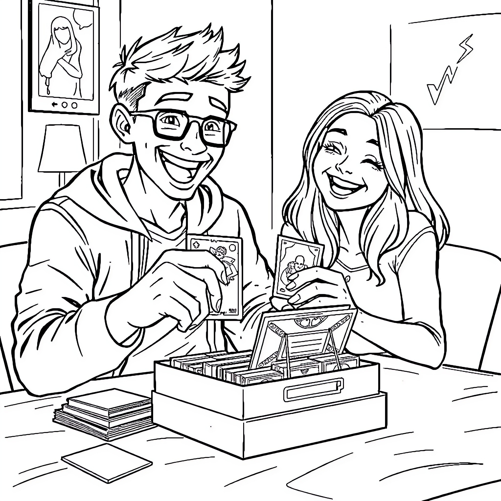 Nerdy Couple Bonding Over Collectibles Coloring Page (free black-and-white line drawing printable PDF for all, from beginners to advanced learners, including children, teens, adults, and seniors)