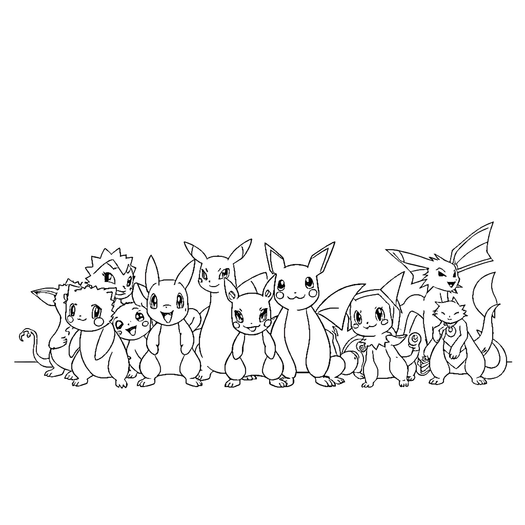 Pokémon group posing together Coloring Page (free black-and-white line drawing printable PDF for all, from beginners to advanced learners, including children, teens, adults, and seniors)