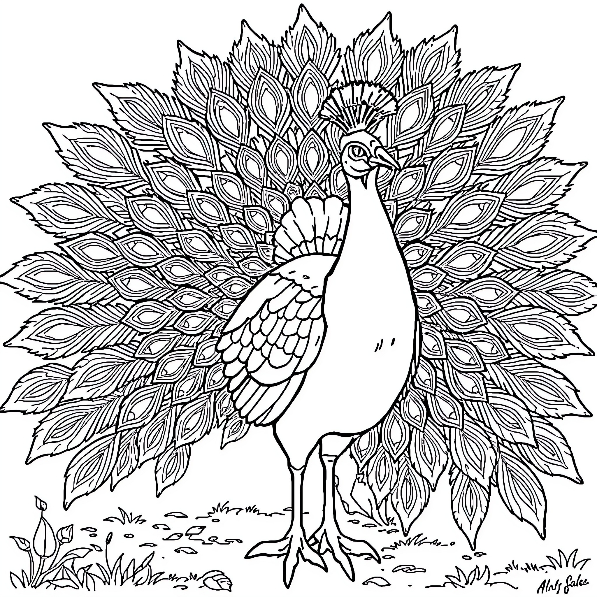 Peacock displaying its magnificent feathers Coloring Page (free black-and-white line drawing printable PDF for all, from beginners to advanced learners, including children, teens, adults, and seniors)