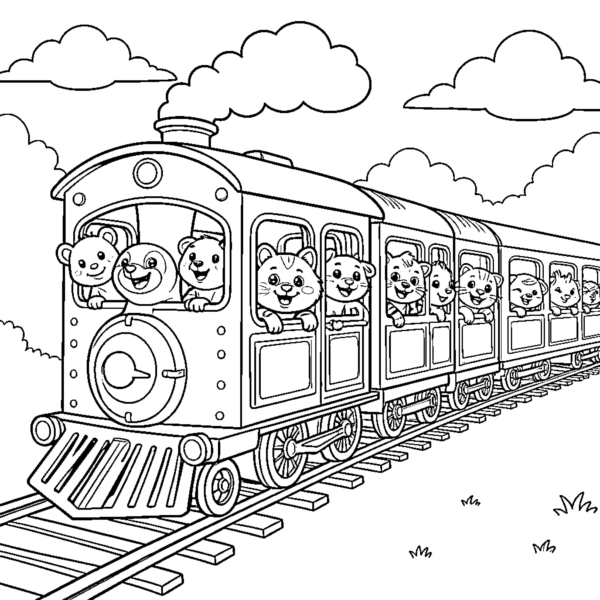 Animal train with cheerful passengers Coloring Page (free black-and-white line drawing printable PDF for all, from beginners to advanced learners, including children, teens, adults, and seniors)