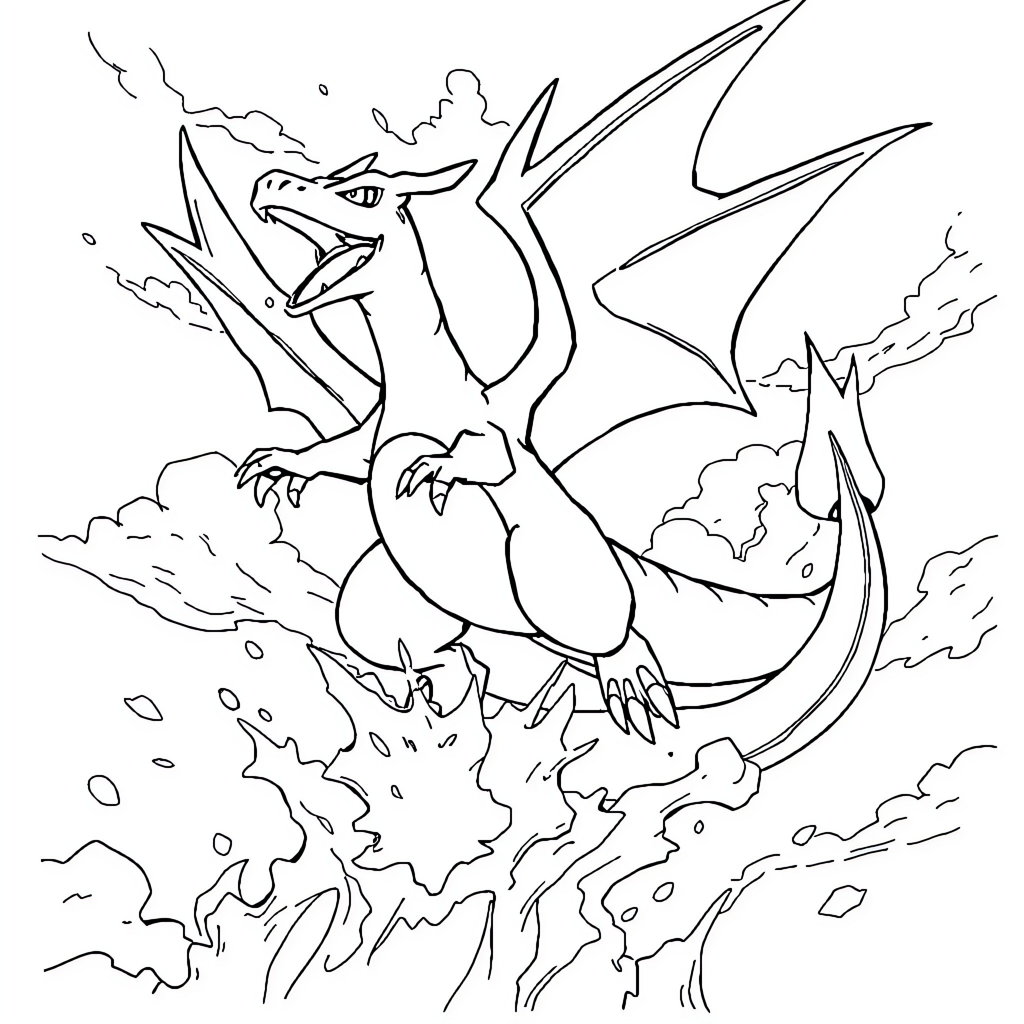 Charizard taking flight in fierce action Coloring Page (free black-and-white line drawing printable PDF for all, from beginners to advanced learners, including children, teens, adults, and seniors)