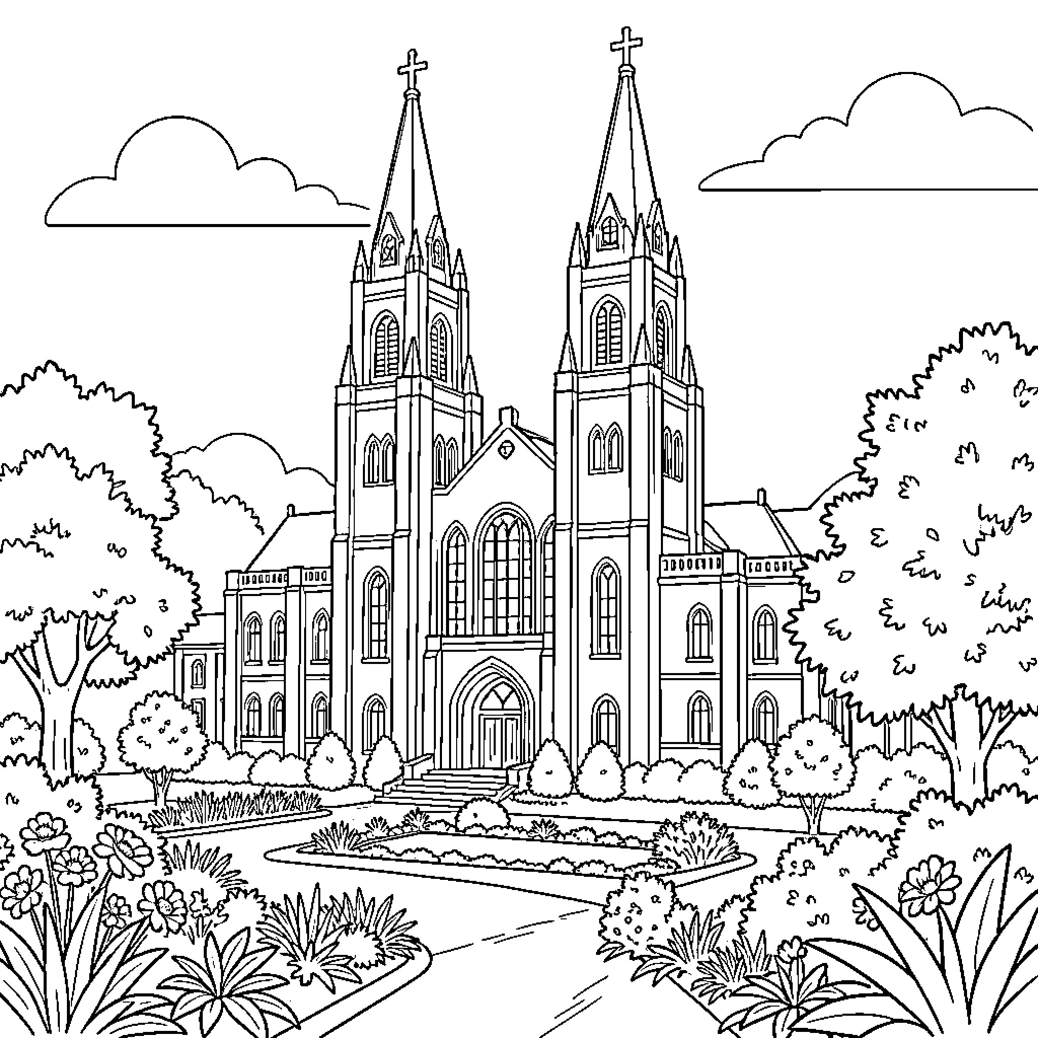 Temple with Gothic Spires and Detailed Architecture Coloring Page (free black-and-white line drawing printable PDF for all, from beginners to advanced learners, including children, teens, adults, and seniors)