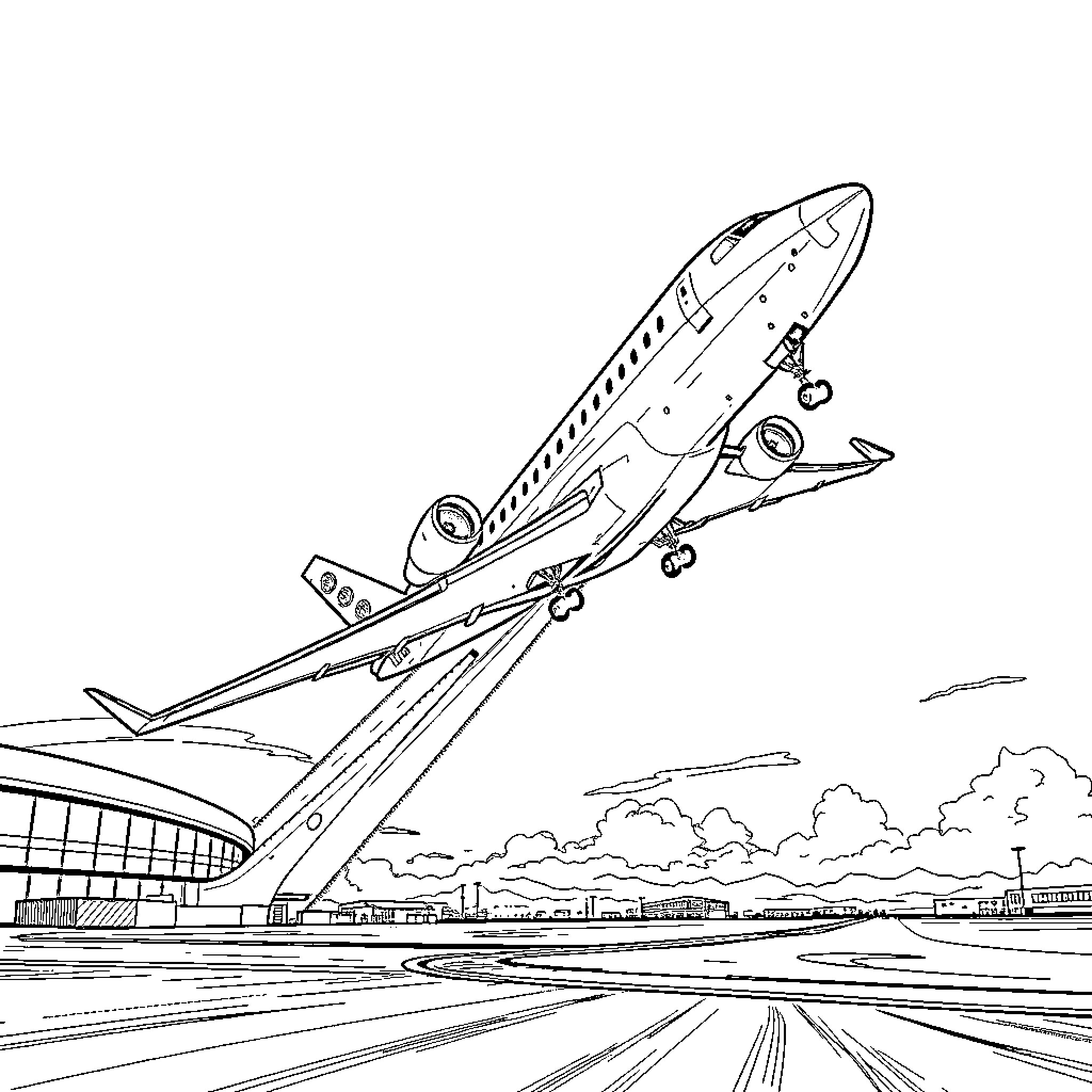 Privileged Style Airplane Taking Off from Runway Coloring Page (free black-and-white line drawing printable PDF for all, from beginners to advanced learners, including children, teens, adults, and seniors)