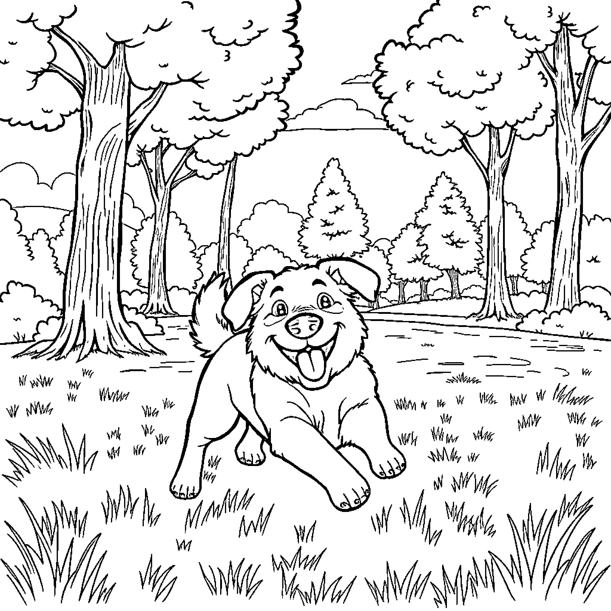 Dog enjoying the outdoors in a forest setting Coloring Page (free black-and-white line drawing printable PDF for all, from beginners to advanced learners, including children, teens, adults, and seniors)