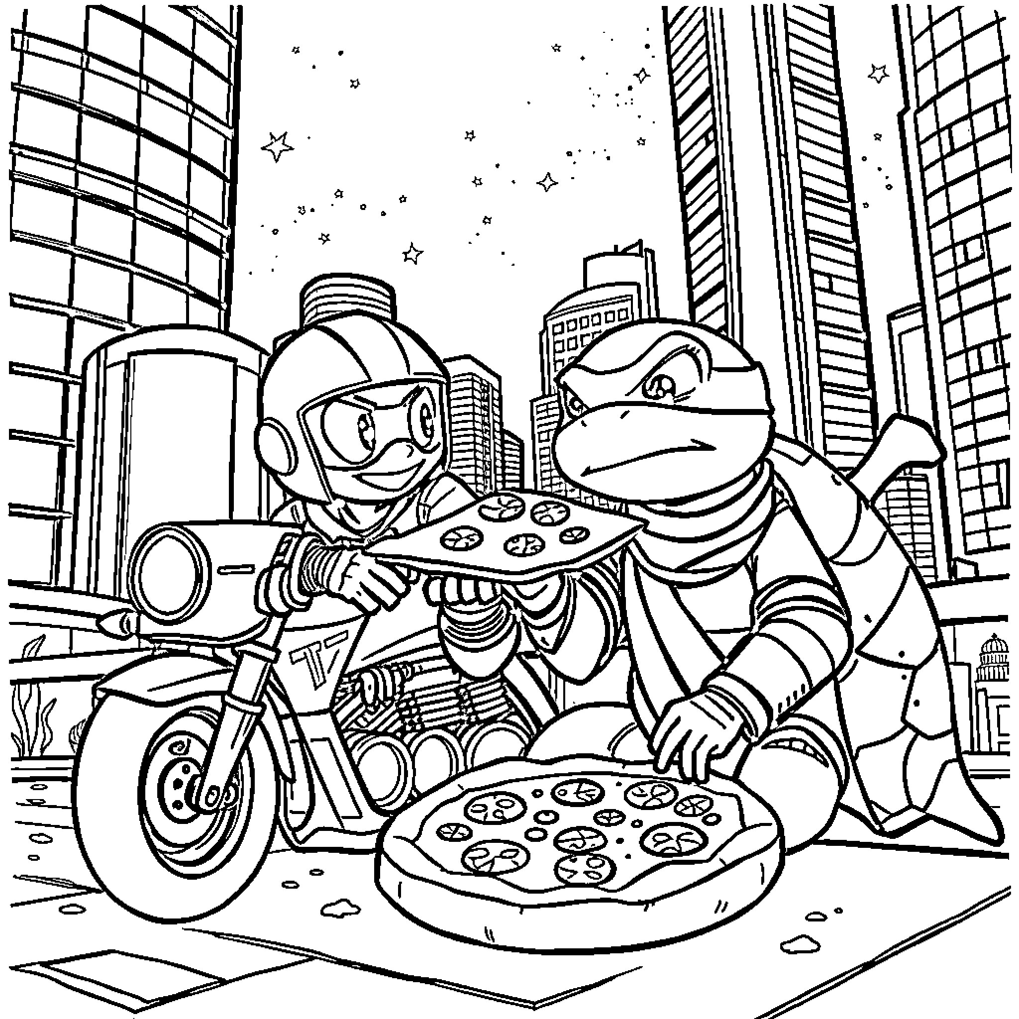 Motoraton Delivering Pizza on Motorcycle in the City Coloring Page (free black-and-white line drawing printable PDF for all, from beginners to advanced learners, including children, teens, adults, and seniors)