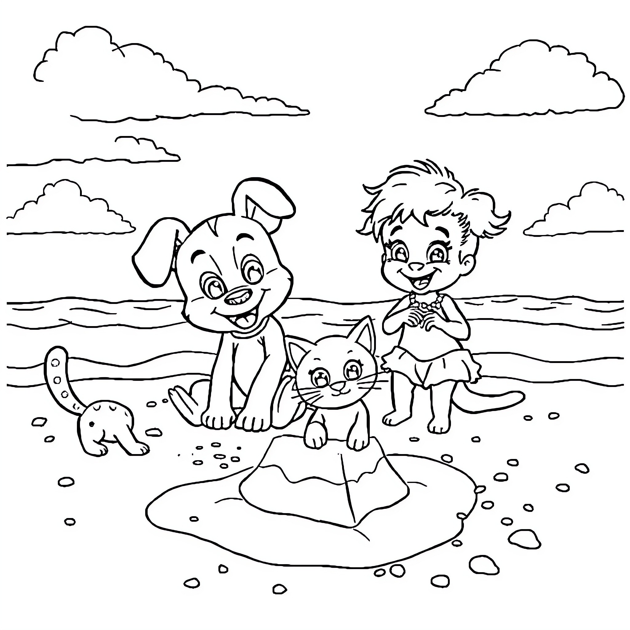 Bluey playing with friends at the beach Coloring Page (free black-and-white line drawing printable PDF for all, from beginners to advanced learners, including children, teens, adults, and seniors)