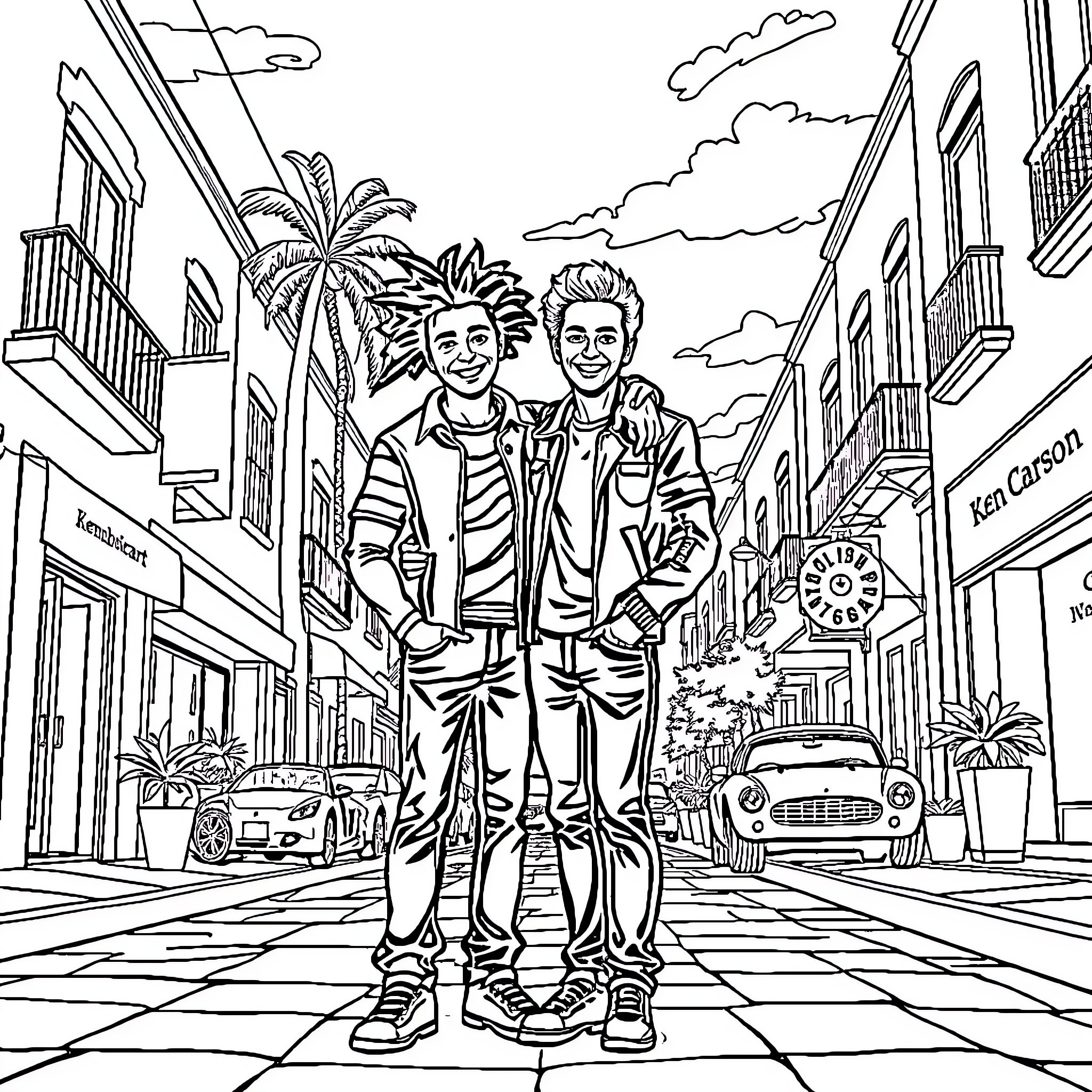 Playboi Carti posing with friends in a stylized urban setting Coloring Page (free black-and-white line drawing printable PDF for all, from beginners to advanced learners, including children, teens, adults, and seniors)