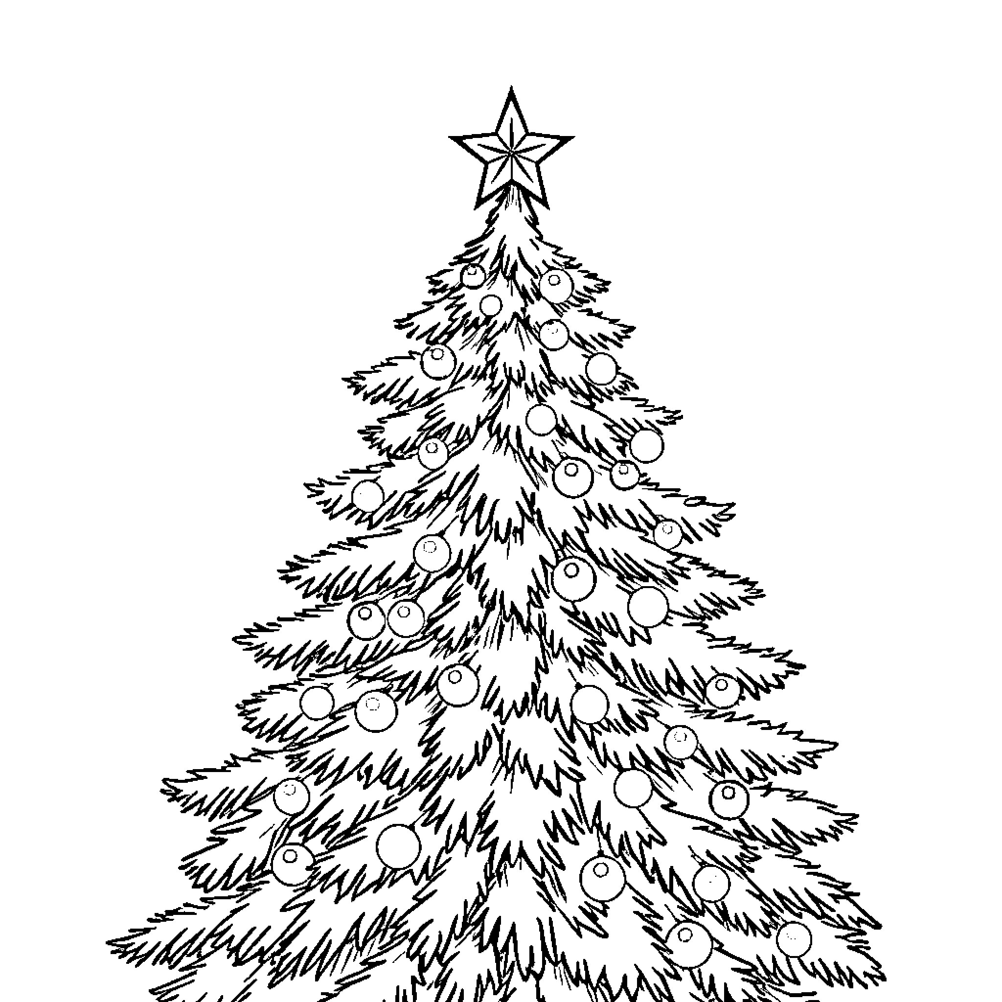 Christmas Tree with Ornaments and Star Coloring Page (free black-and-white line drawing printable PDF for all, from beginners to advanced learners, including children, teens, adults, and seniors)