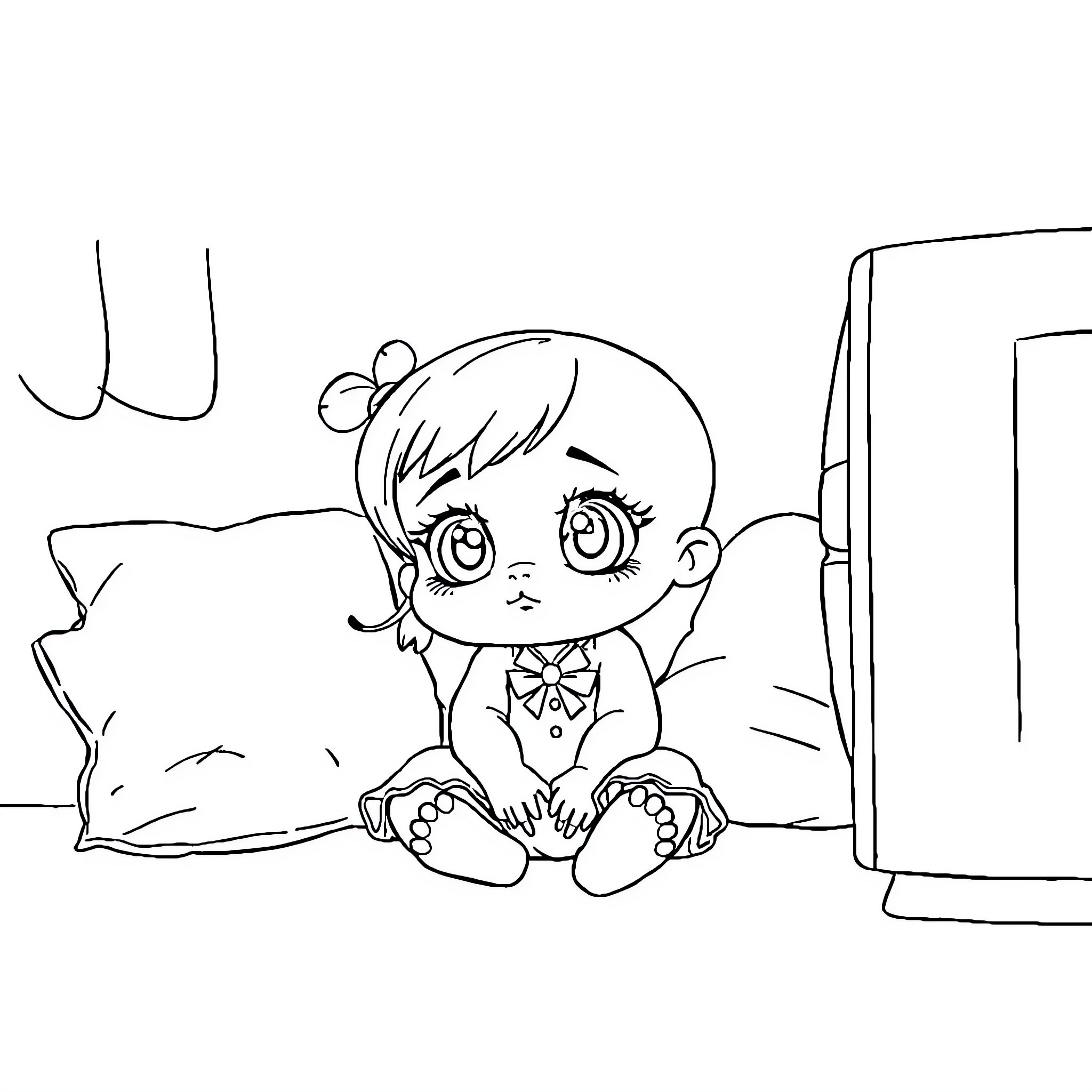 Babygirl sitting on the floor in a room Coloring Page (free black-and-white line drawing printable PDF for all, from beginners to advanced learners, including children, teens, adults, and seniors)