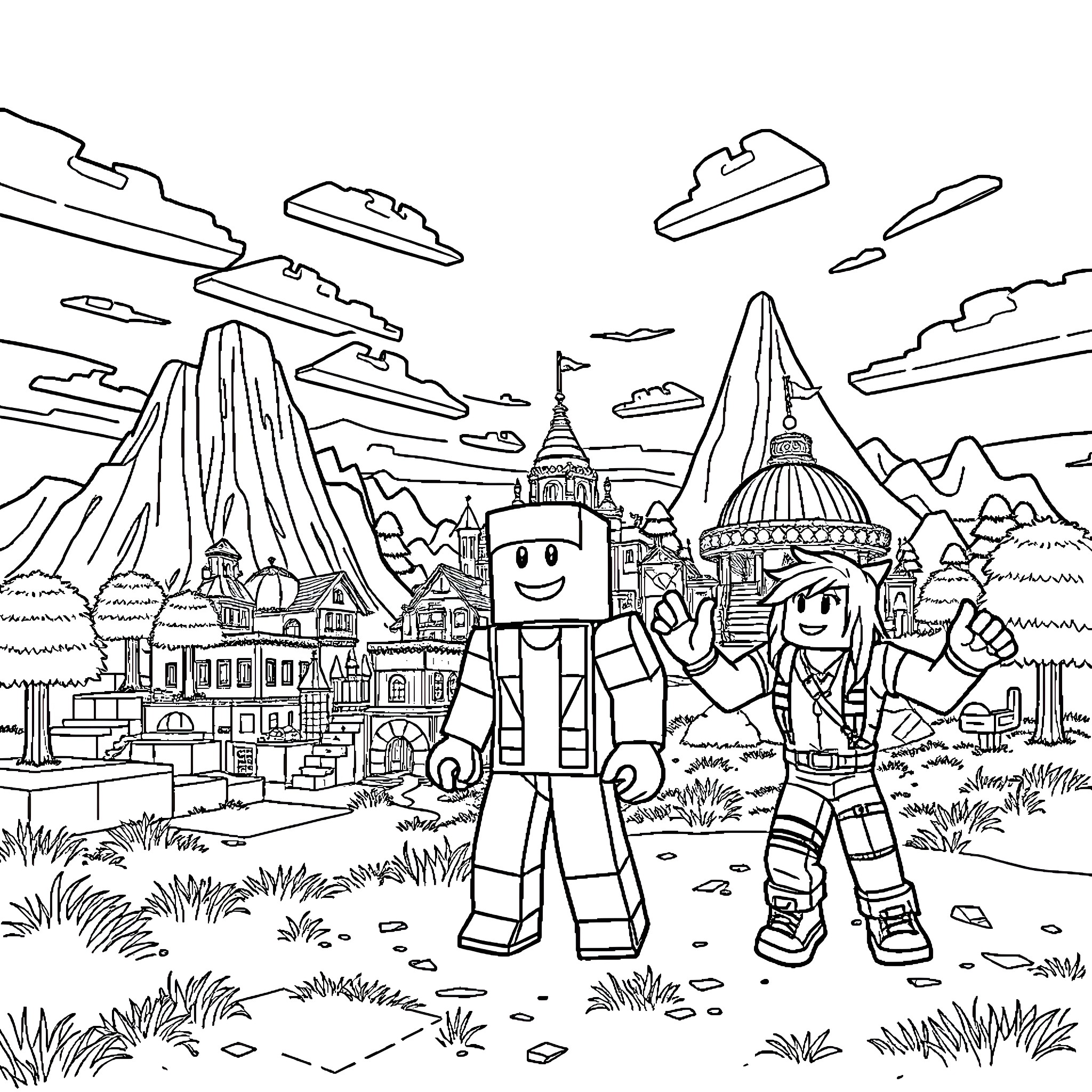 Minecraft Characters Exploring Fantastical Landscape Coloring Page (free black-and-white line drawing printable PDF for all, from beginners to advanced learners, including children, teens, adults, and seniors)