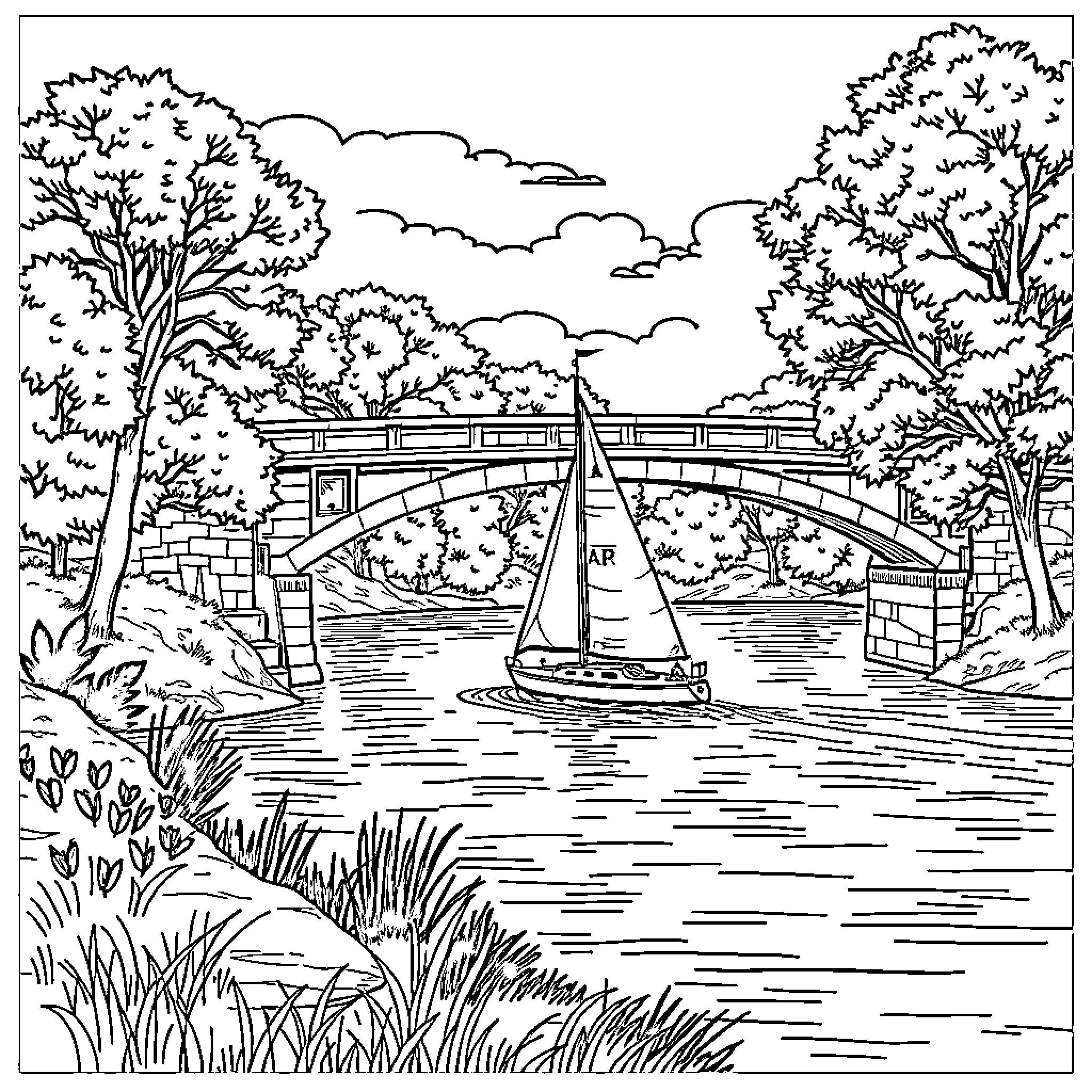 Sailboat navigating tranquil waters under a serene landscape Coloring Page (free black-and-white line drawing printable PDF for all, from beginners to advanced learners, including children, teens, adults, and seniors)
