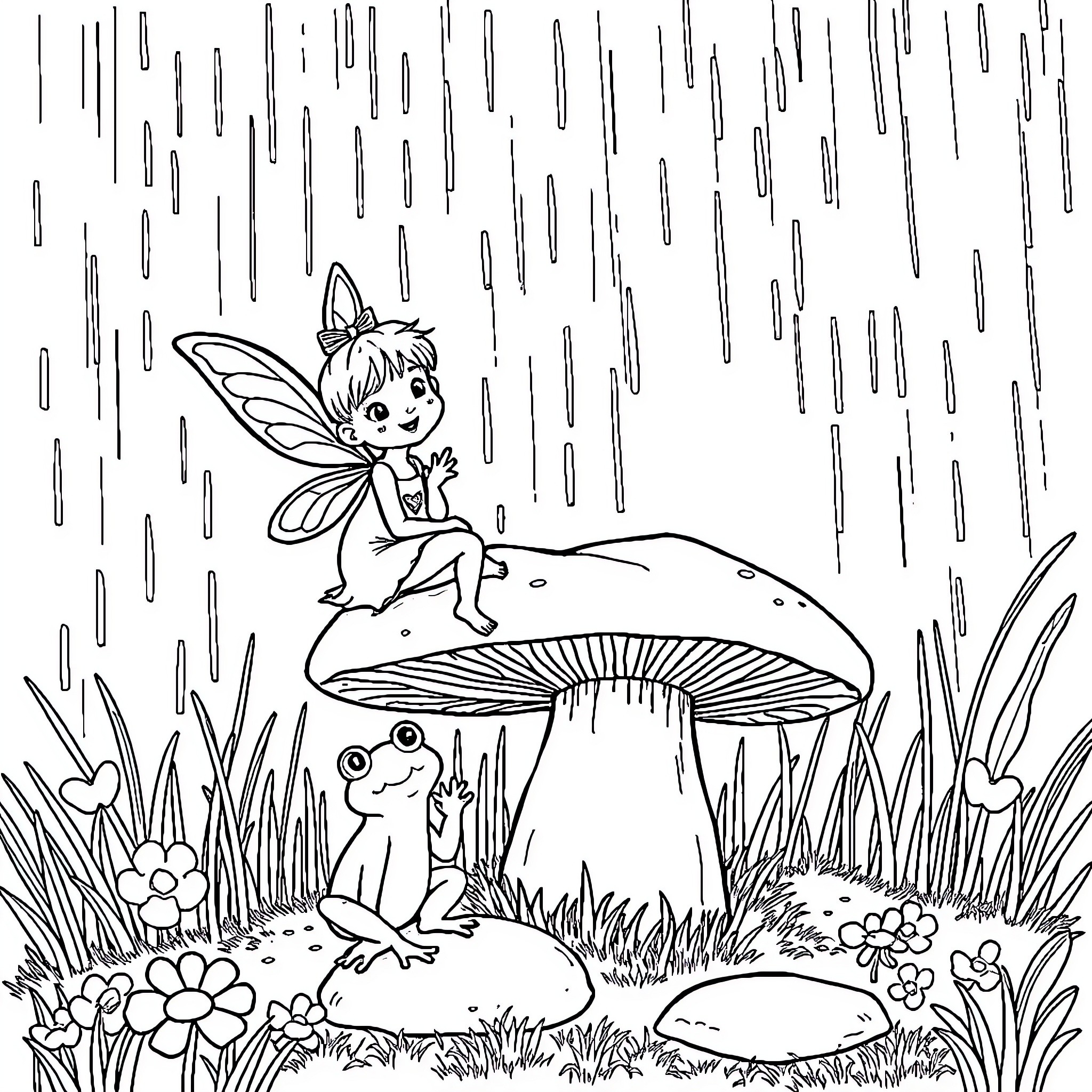 Fairy sitting on a mushroom in a rainy forest Coloring Page (free black-and-white line drawing printable PDF for all, from beginners to advanced learners, including children, teens, adults, and seniors)
