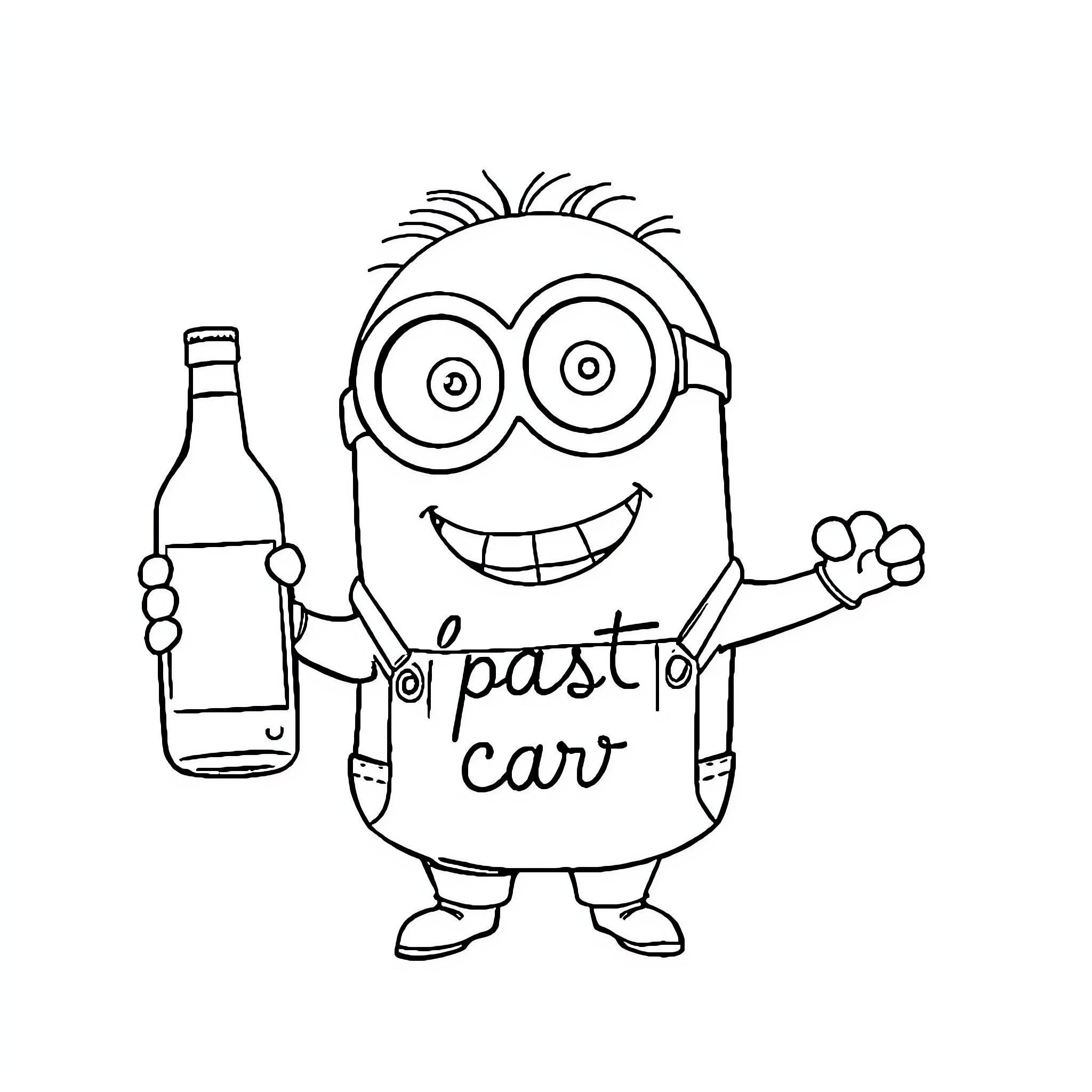 Minion Holding Bottle and Smiling with Excitement Coloring Page (free black-and-white line drawing printable PDF for all, from beginners to advanced learners, including children, teens, adults, and seniors)