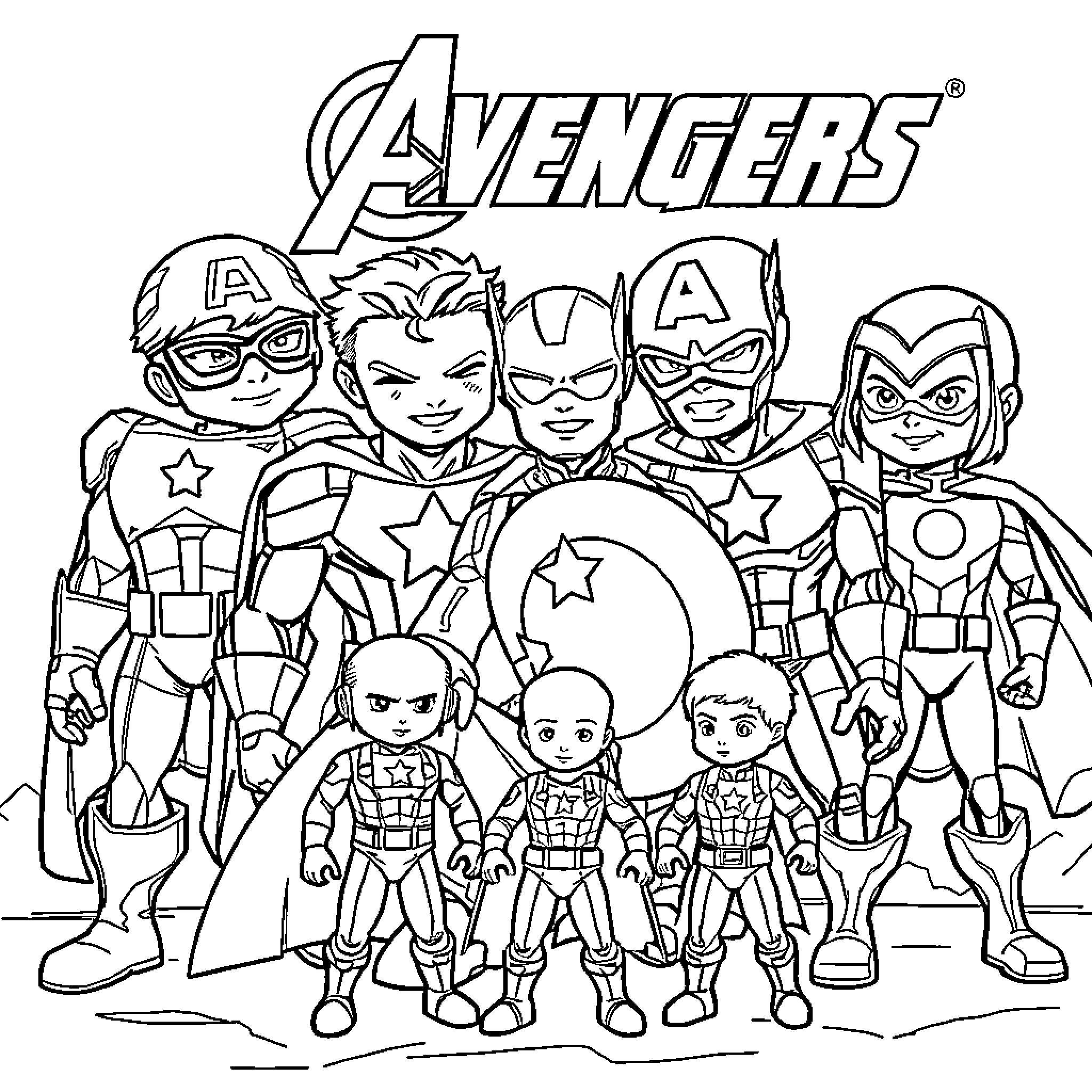 Avengers characters assembled in heroic poses Coloring Page (free black-and-white line drawing printable PDF for all, from beginners to advanced learners, including children, teens, adults, and seniors)