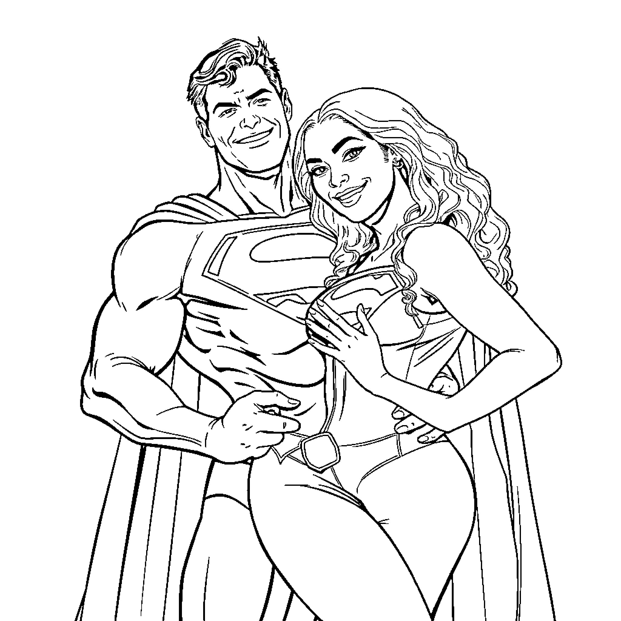 Superman and female superhero embrace affectionately Coloring Page (free black-and-white line drawing printable PDF for all, from beginners to advanced learners, including children, teens, adults, and seniors)