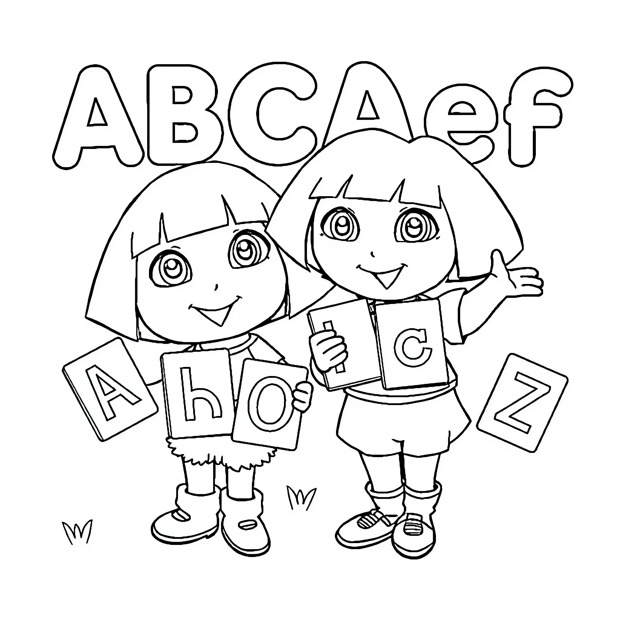 Dora and Boots Learning the Alphabet Coloring Page (free black-and-white line drawing printable PDF for all, from beginners to advanced learners, including children, teens, adults, and seniors)
